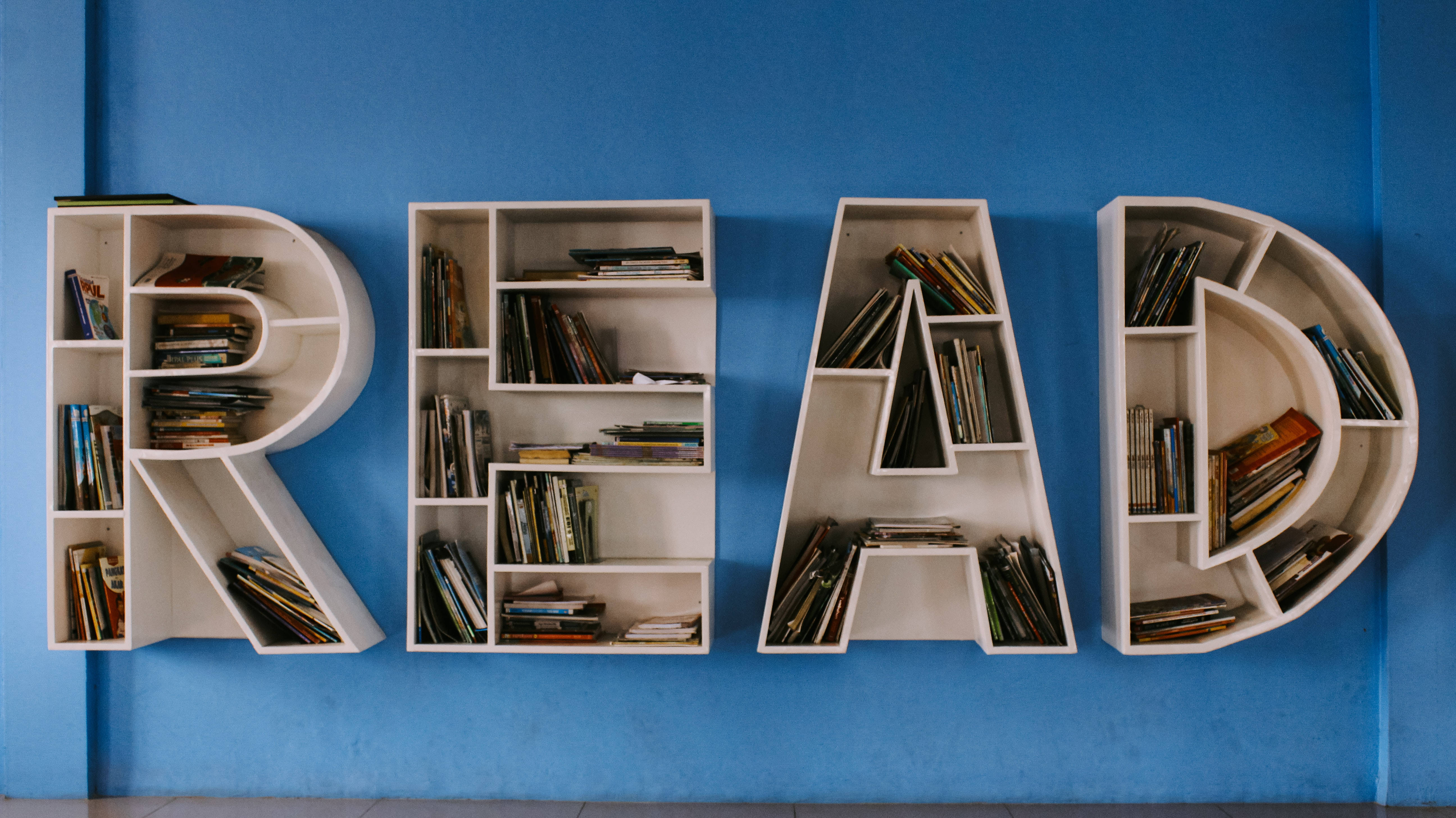 Adorable Mini Library, white bookshelf, letters spelling READ, 5K Desktop Wallpaper