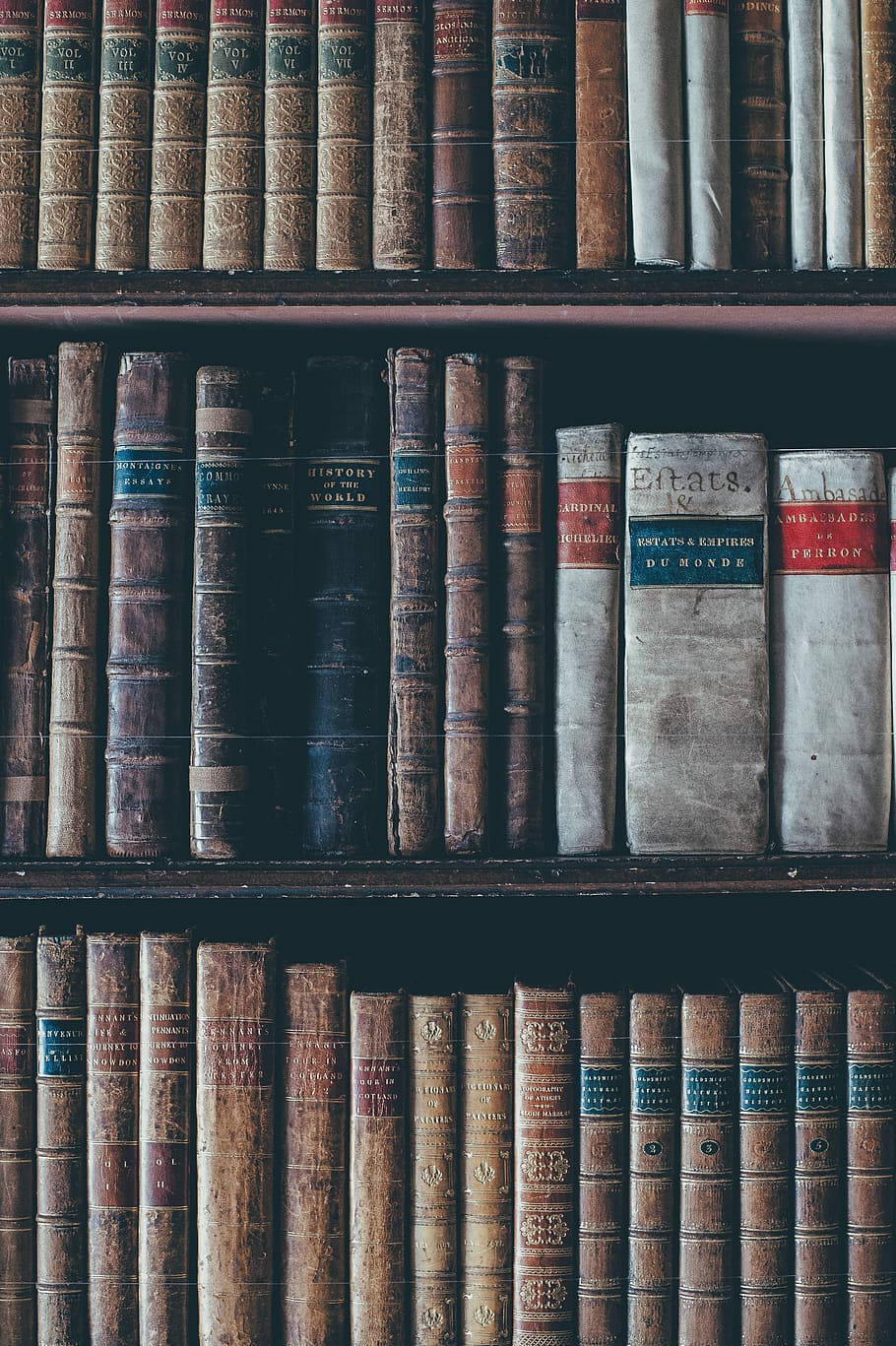 old bookshelf, history books, aged leather bound books, HD Phone Wallpaper