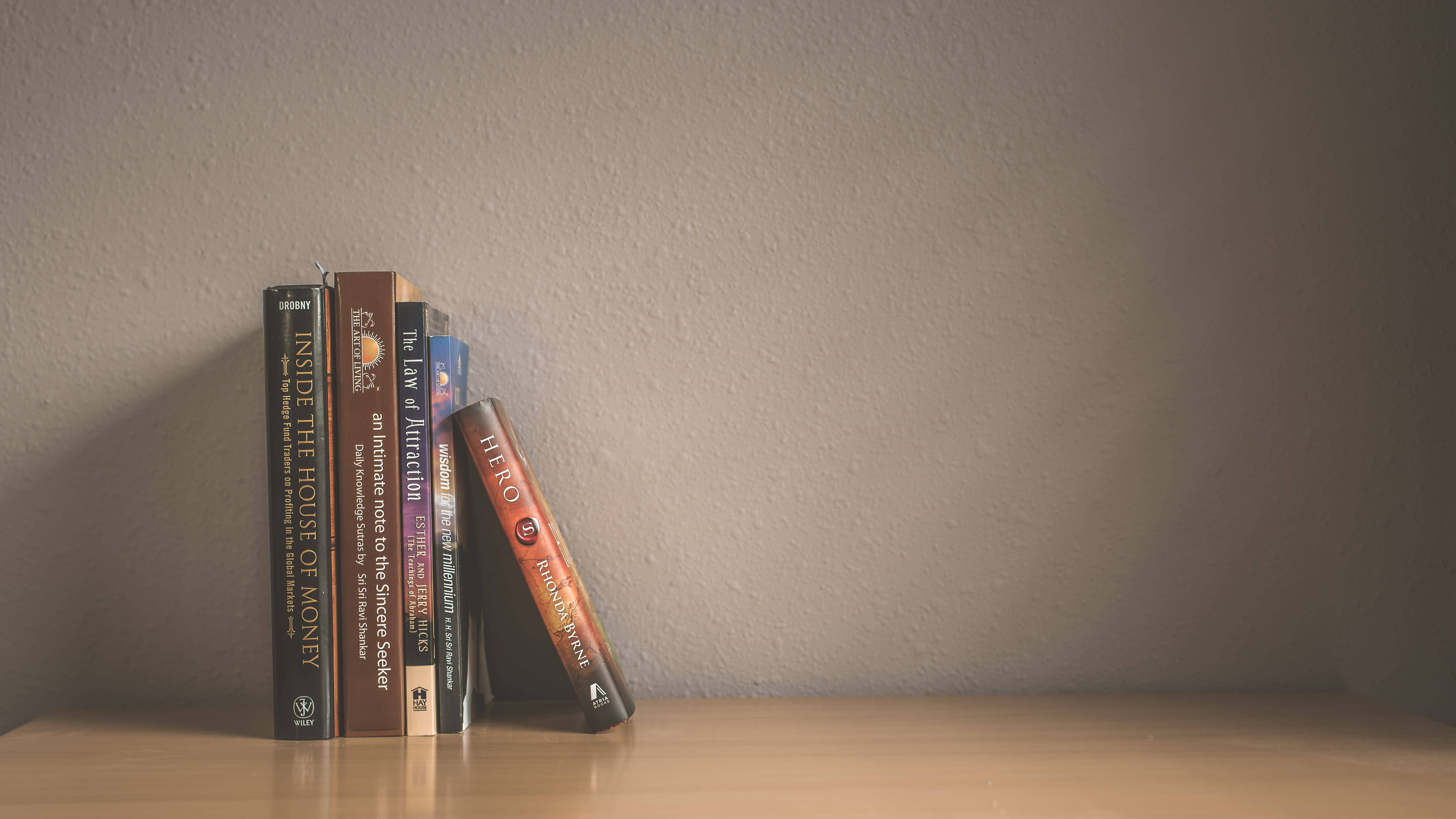 minimalist shelf aesthetic, wooden shelf, textured wall, 5K Desktop Wallpaper