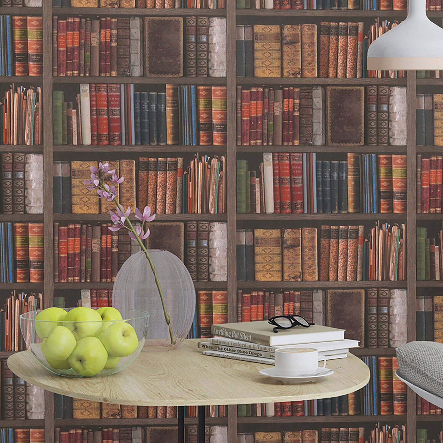 bookshelf table, bowl of apples, wooden table, HD Desktop Wallpaper