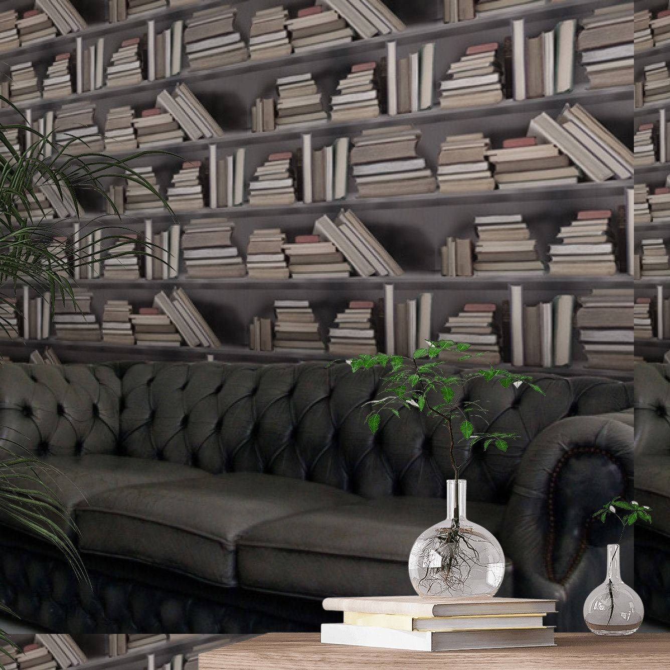 dark tufted leather sofa, wall of stacked books, green plants in glass vases, HD Desktop Wallpaper