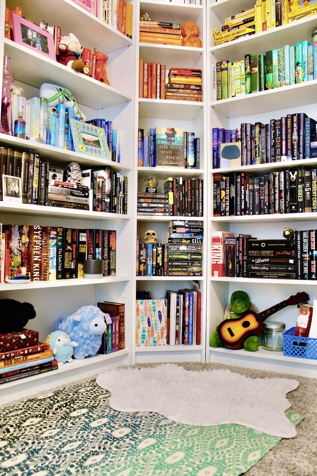 home library, white bookshelves, colorful books, HD Phone Wallpaper