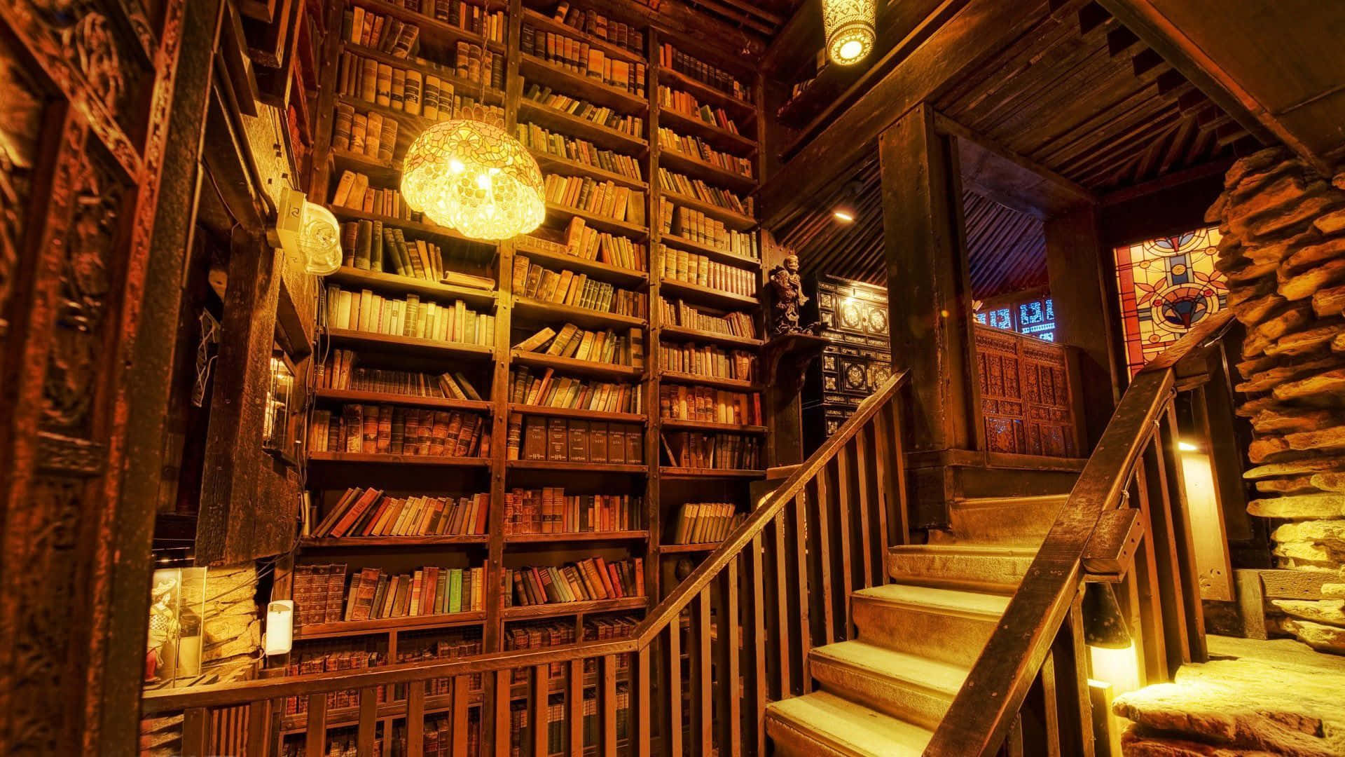 Home Library Staircase Bookshelves, wooden staircase, towering bookshelves, Full HD Desktop Wallpaper