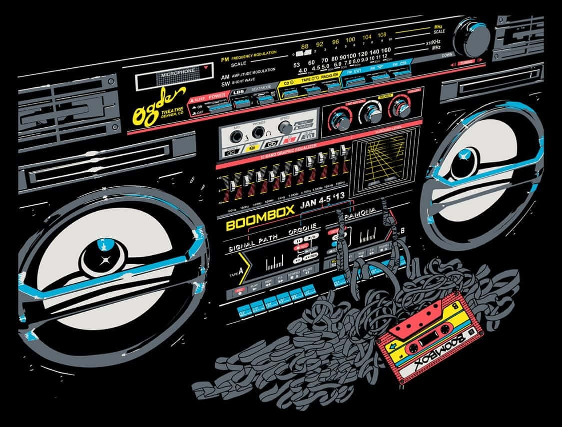 retro boombox, glowing dials, cassette tape, SD Desktop Wallpaper