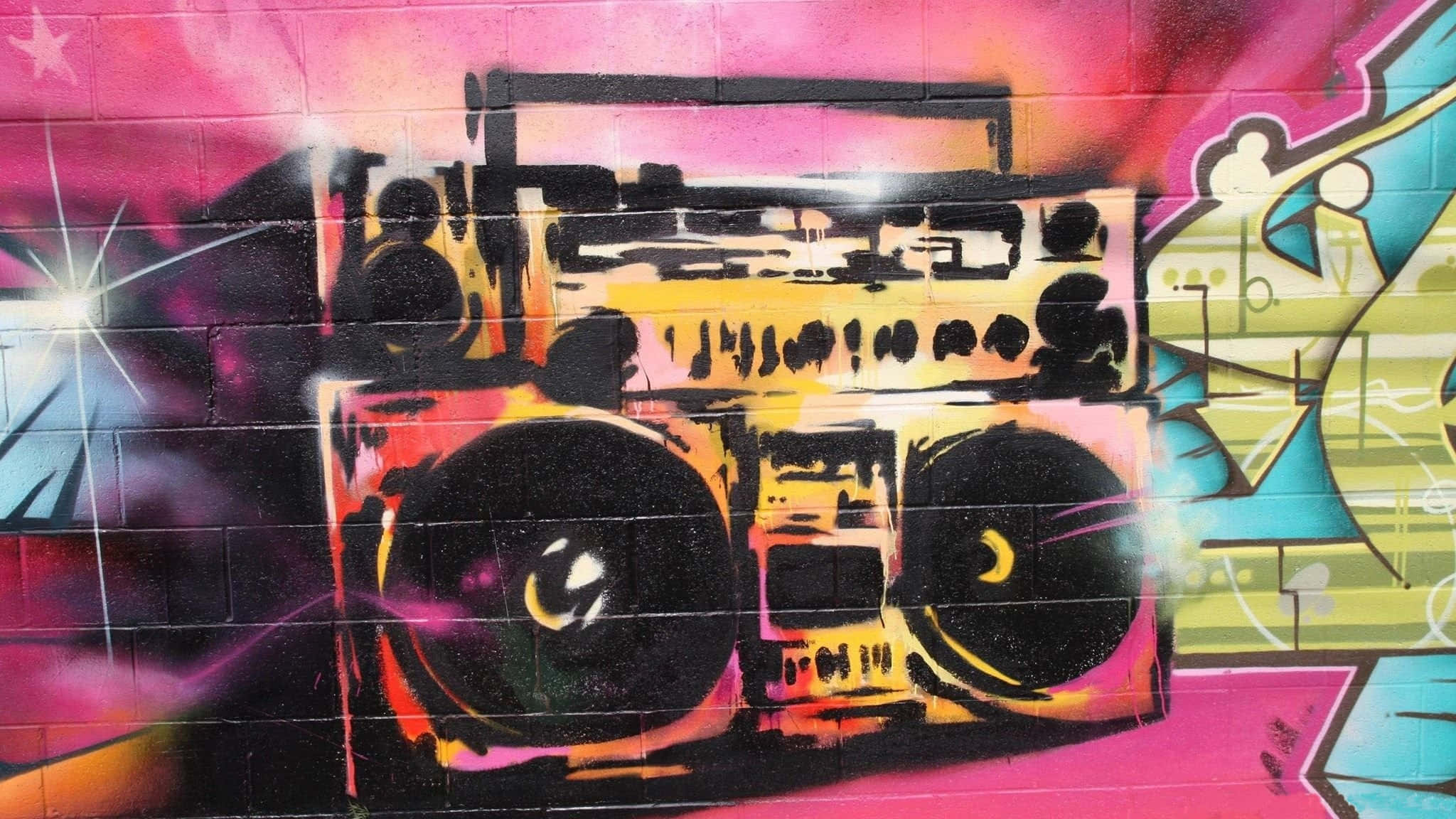 boombox, graffiti mural, pink, Full HD Desktop Wallpaper