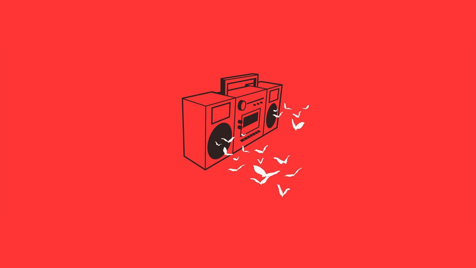 boombox, red background, white birds, Full HD Desktop Wallpaper
