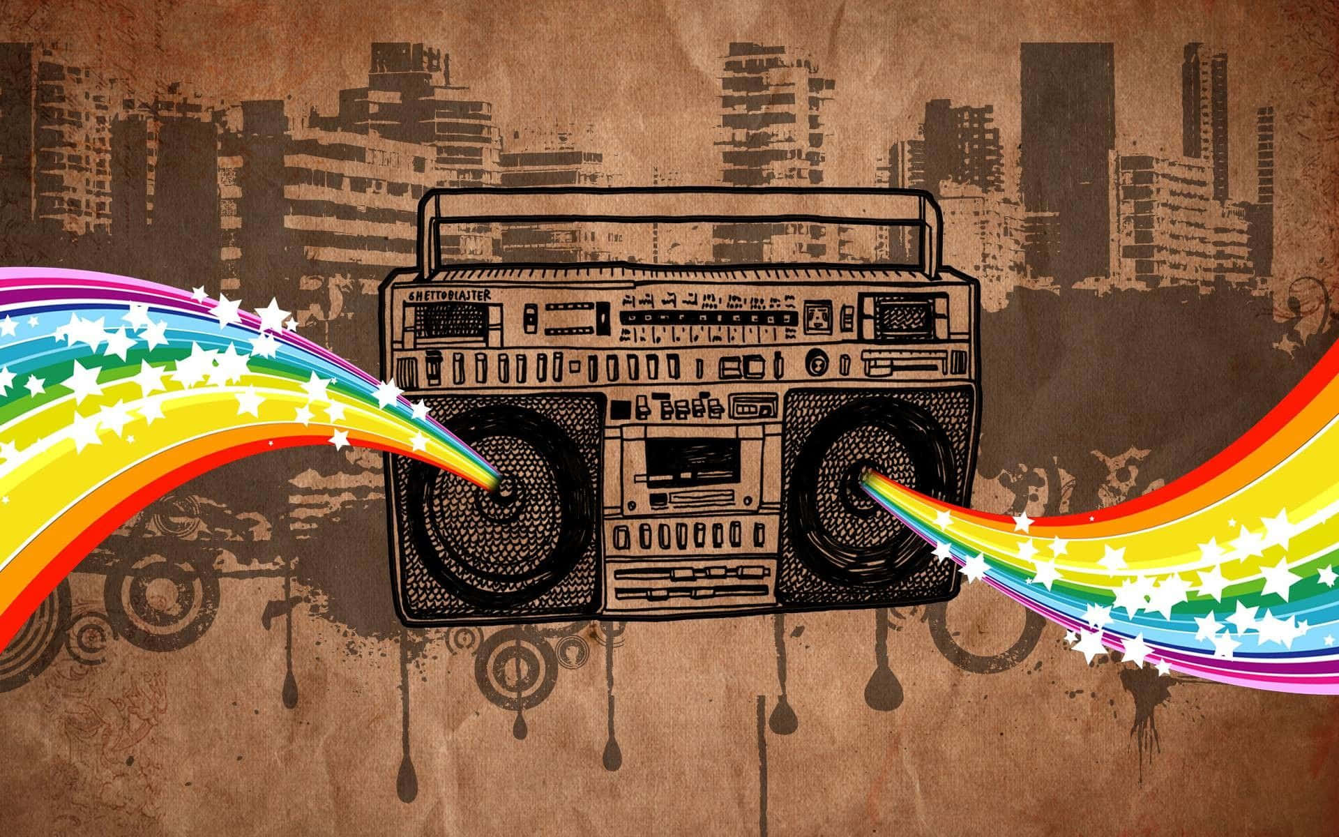 vintage boombox, rainbow colors, rainbow starbursts, Full HD Desktop Wallpaper
