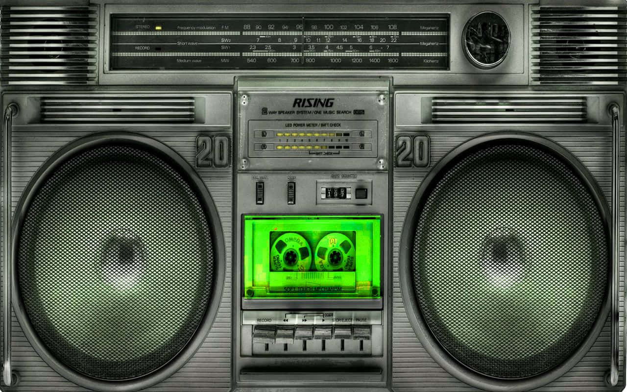 boombox, green cassette tape, metallic gray speakers, HD Desktop Wallpaper