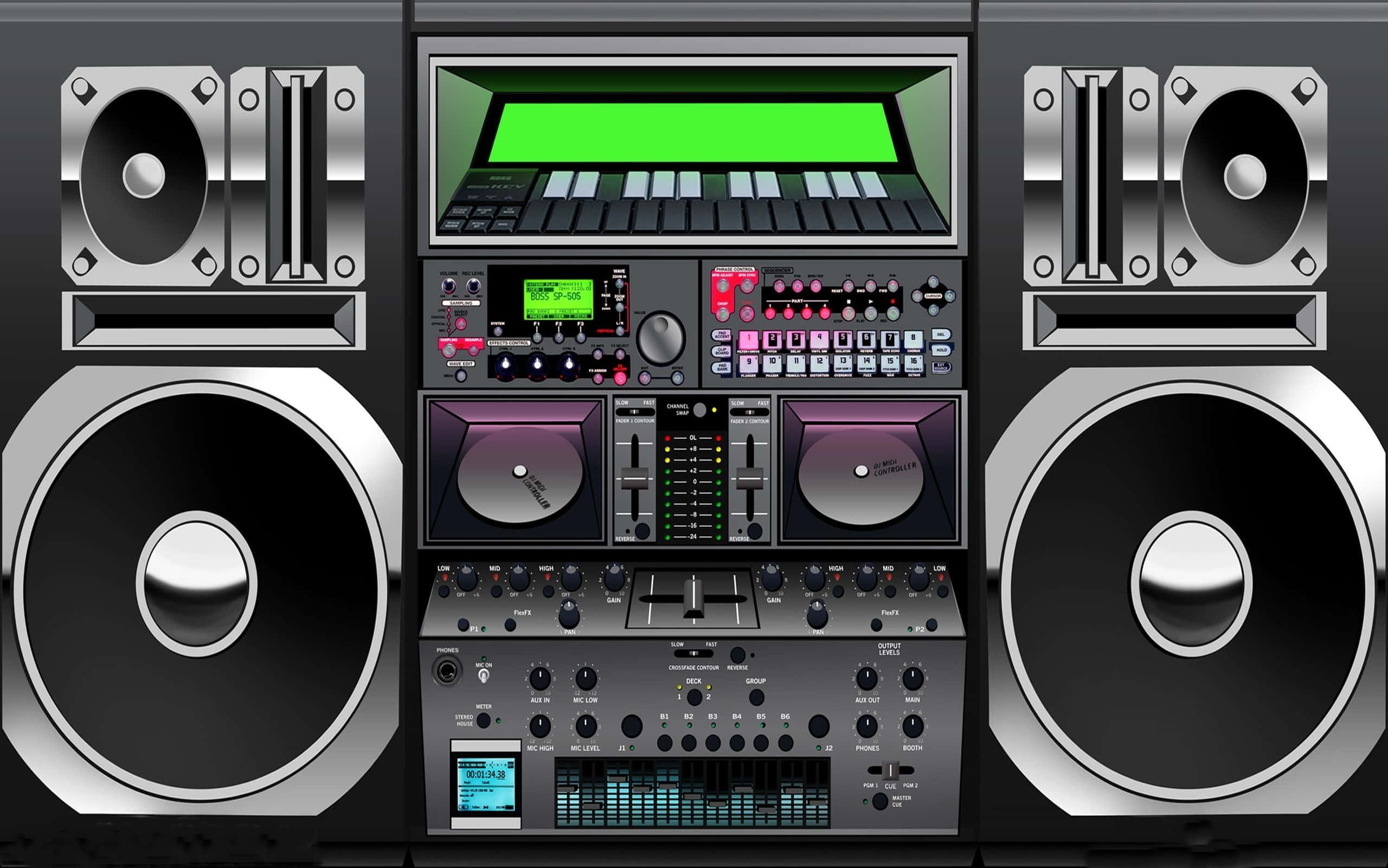 Boombox, DJ setup, glowing screens, 2K Desktop Wallpaper