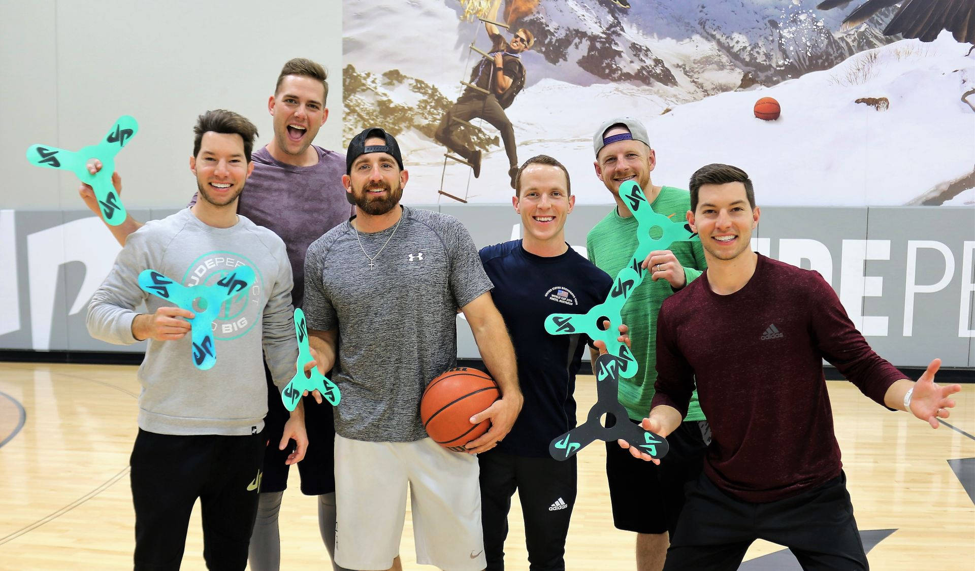 professional boomerang players, teal fan-shaped props, basketball court, Full HD Desktop Wallpaper