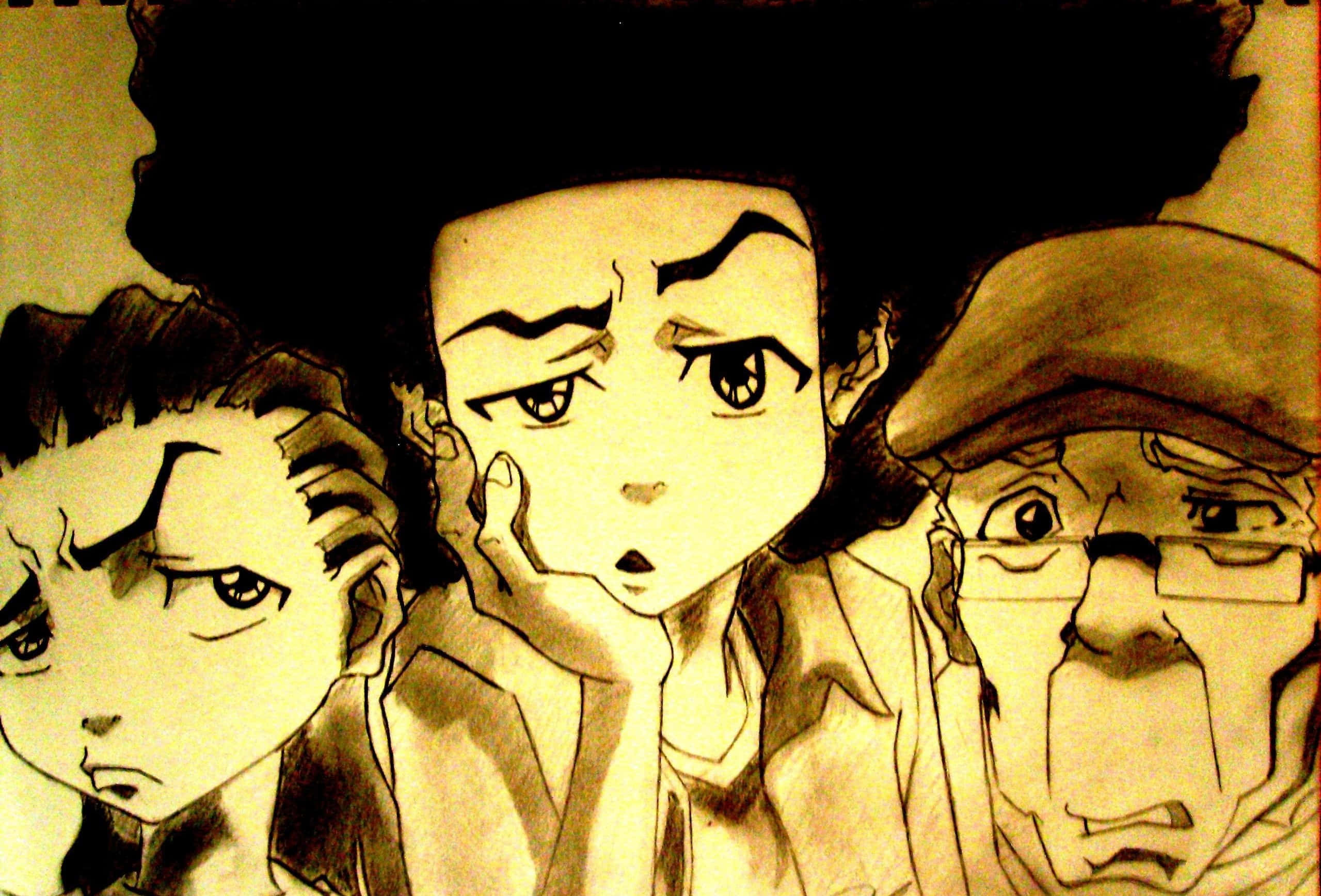 Boondocks Bape, sepia-toned sketch style, anime characters, Full HD Desktop Wallpaper