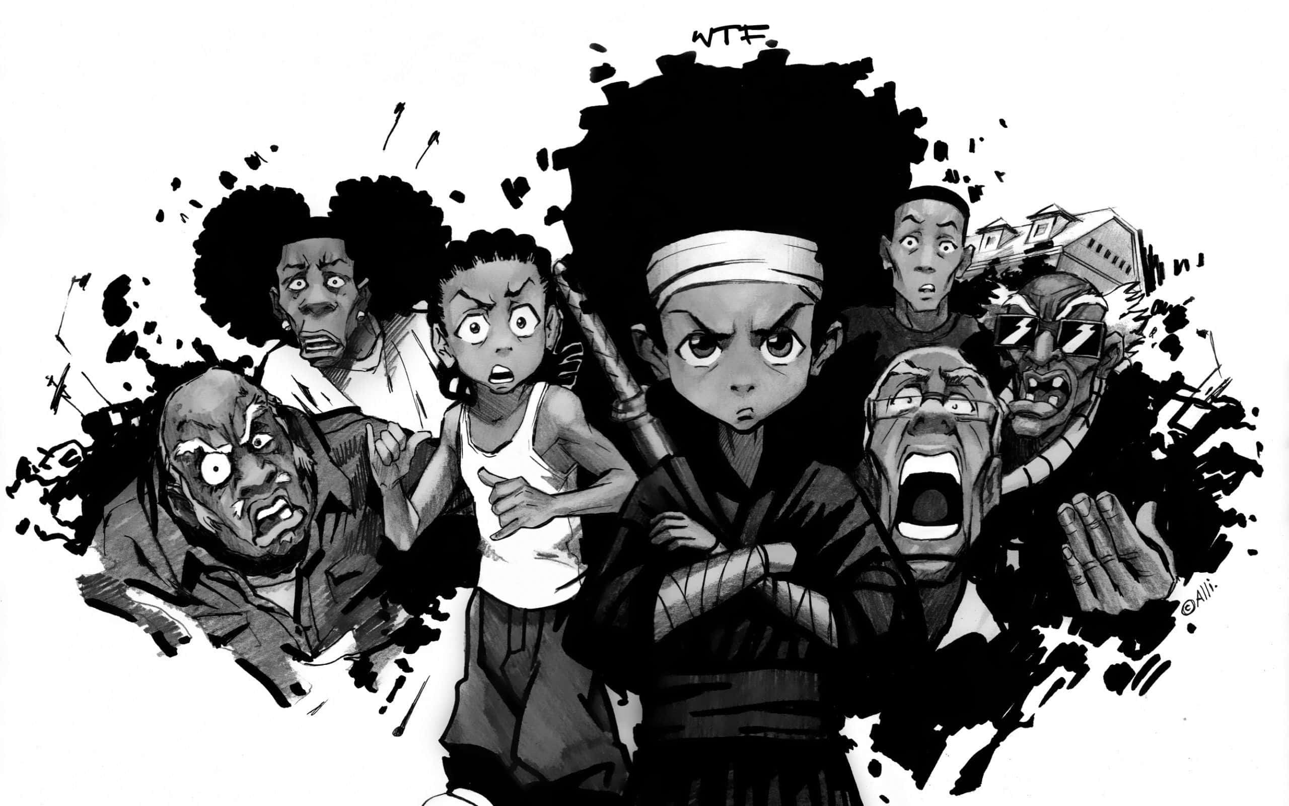 Boondocks, Bape, black and white comic illustration, 2K Desktop Wallpaper