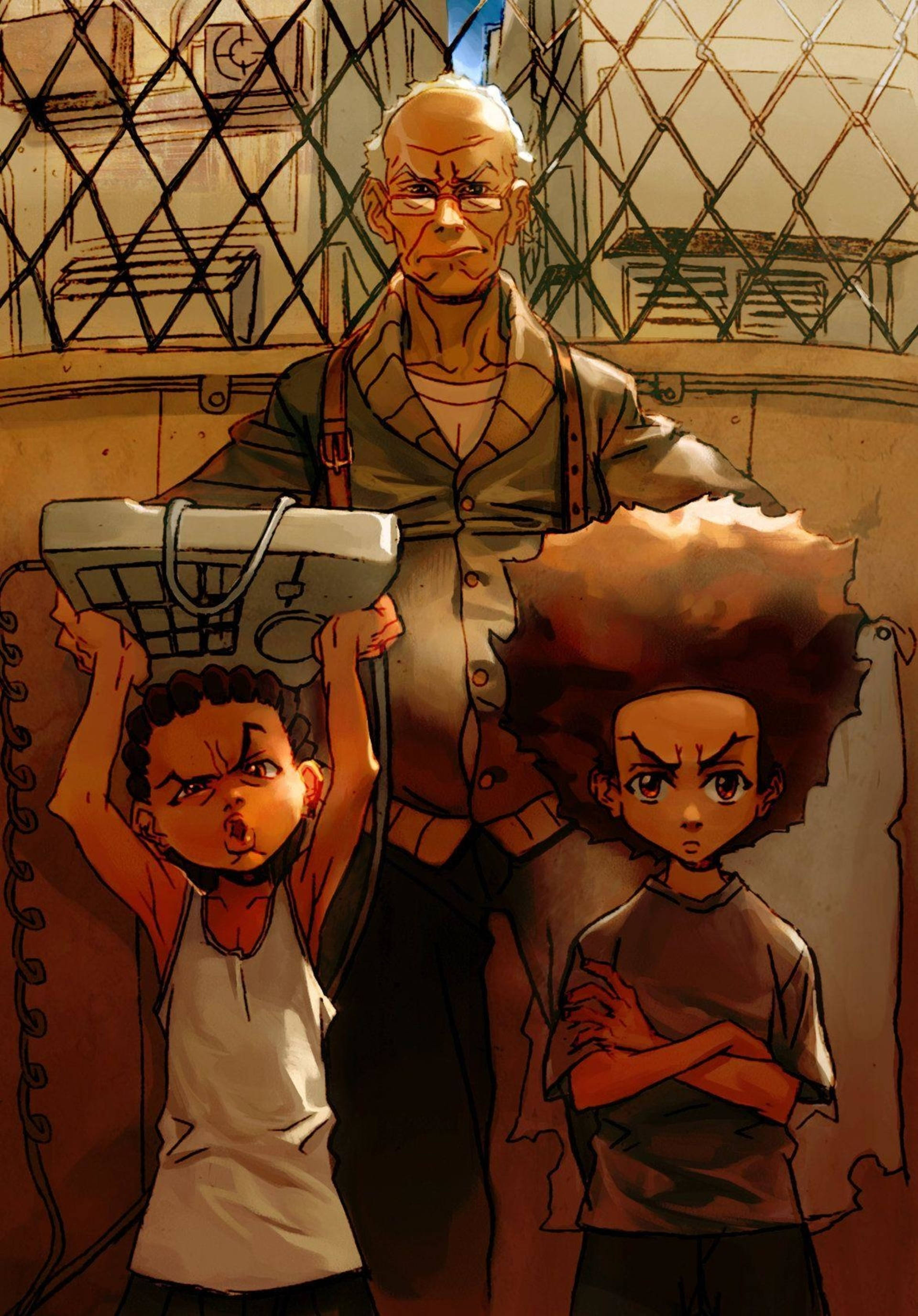 Boondocks, elderly man, two determined children, 2K Phone Wallpaper