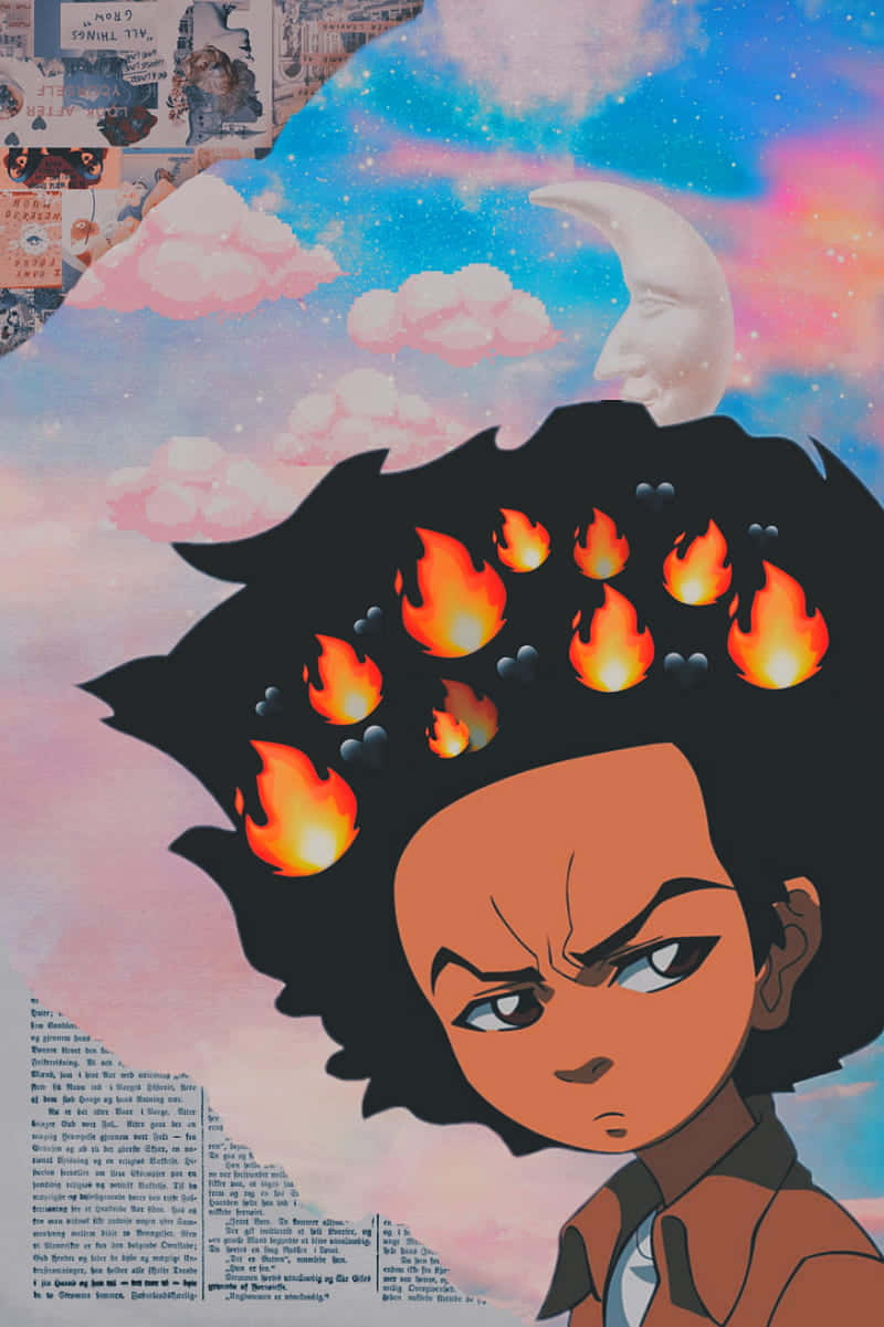 Boondocks, anime-style character, fiery hair, SD Phone Wallpaper