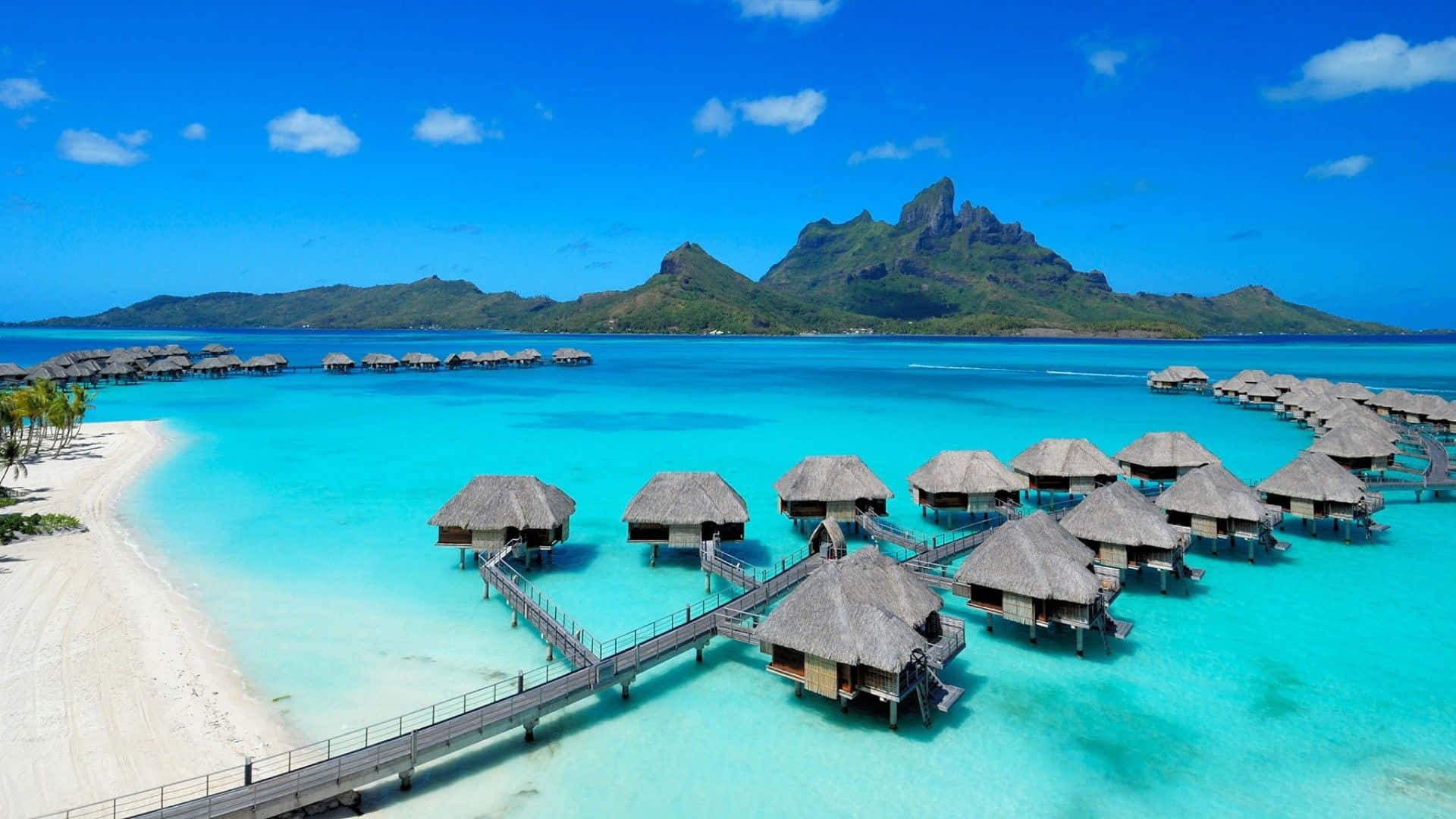 Bora Bora, turquoise lagoon, overwater bungalows, Full HD Desktop Wallpaper