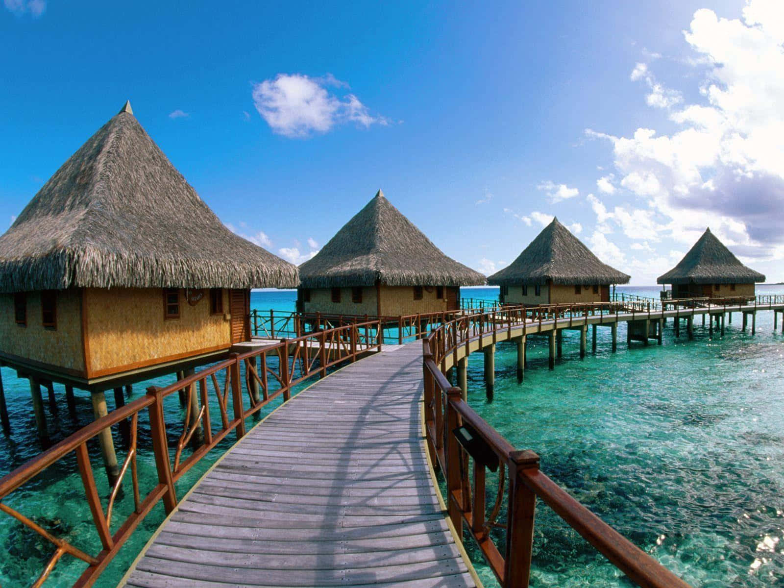 Bora Bora, turquoise waters, wooden boardwalk, HD Desktop Wallpaper