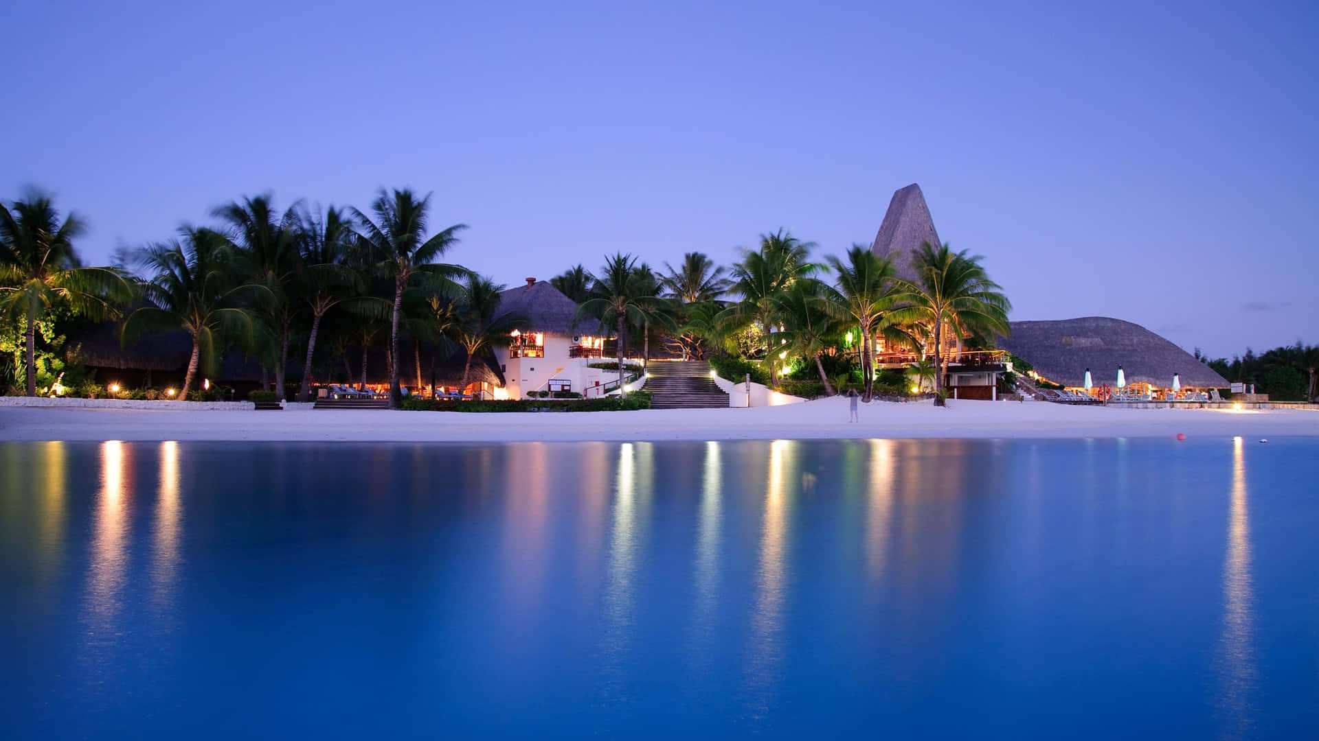 Bora Bora, twilight beach resort, palm trees, Full HD Desktop Wallpaper
