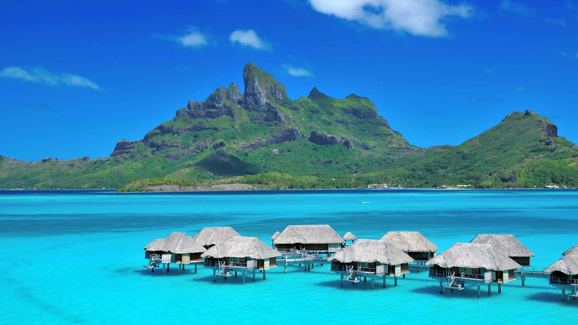 Bora Bora, overwater bungalows, thatched roofs, Full HD Desktop Wallpaper