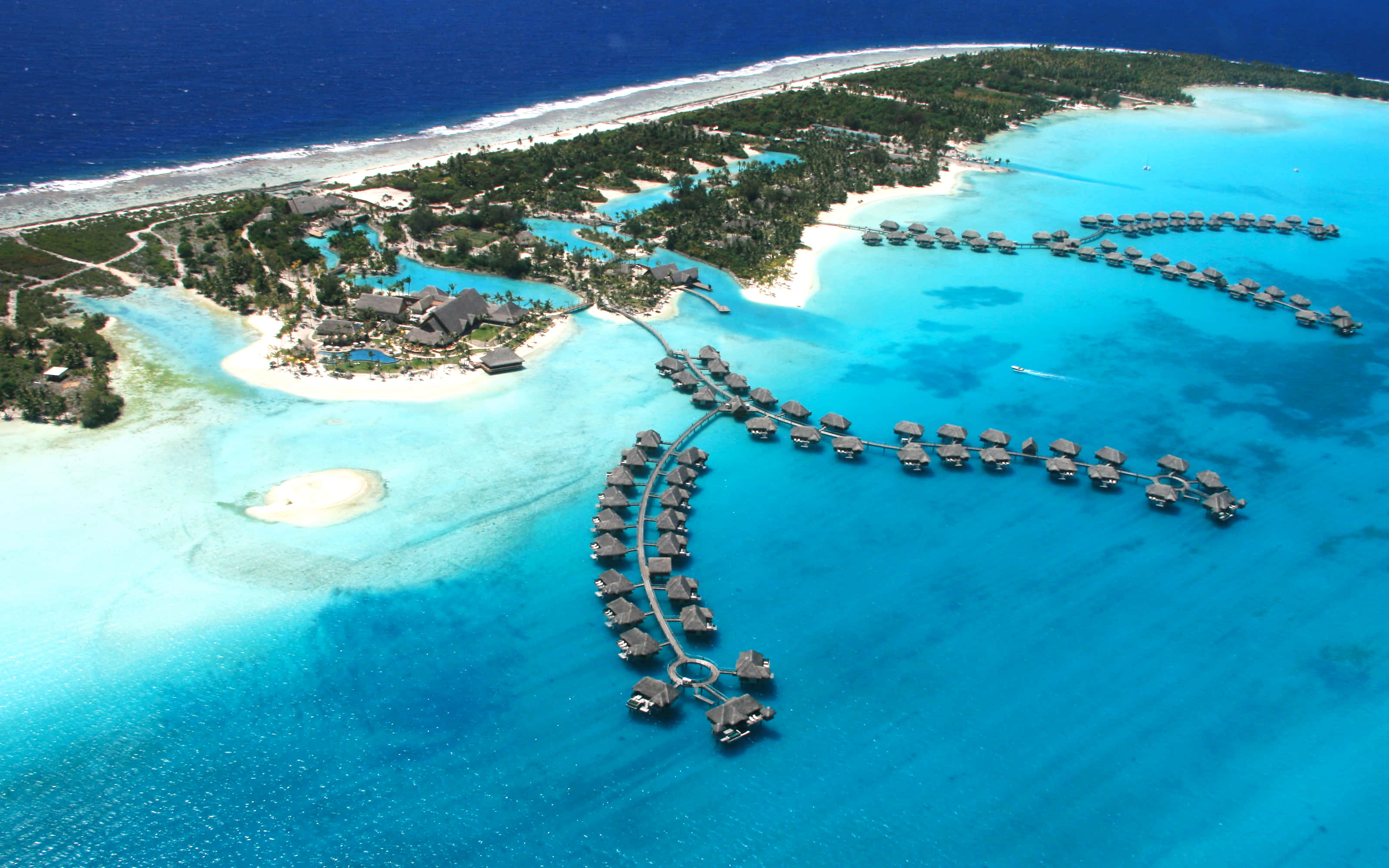 Bora Bora Beach, overwater bungalows, turquoise lagoon, 2K Desktop Wallpaper
