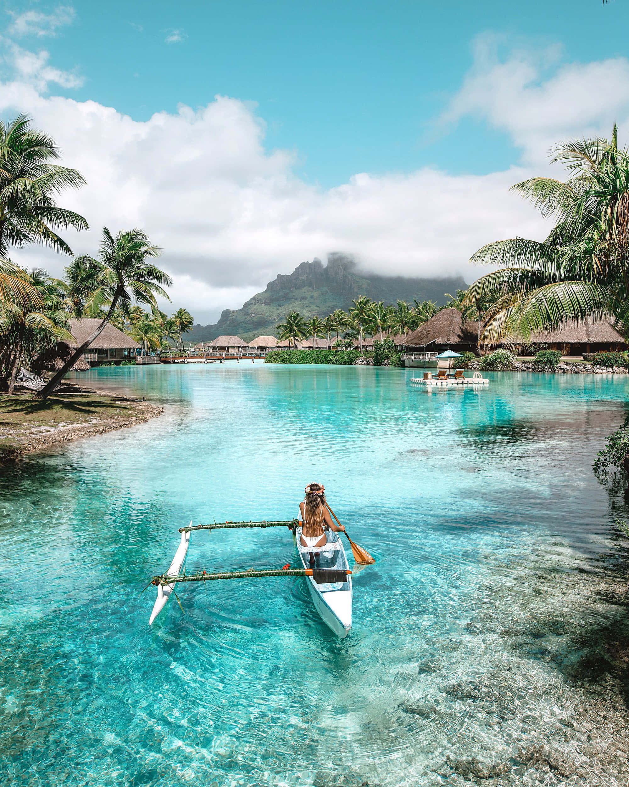 Bora Bora Beach, outrigger canoe, turquoise waters, Full HD Phone Wallpaper