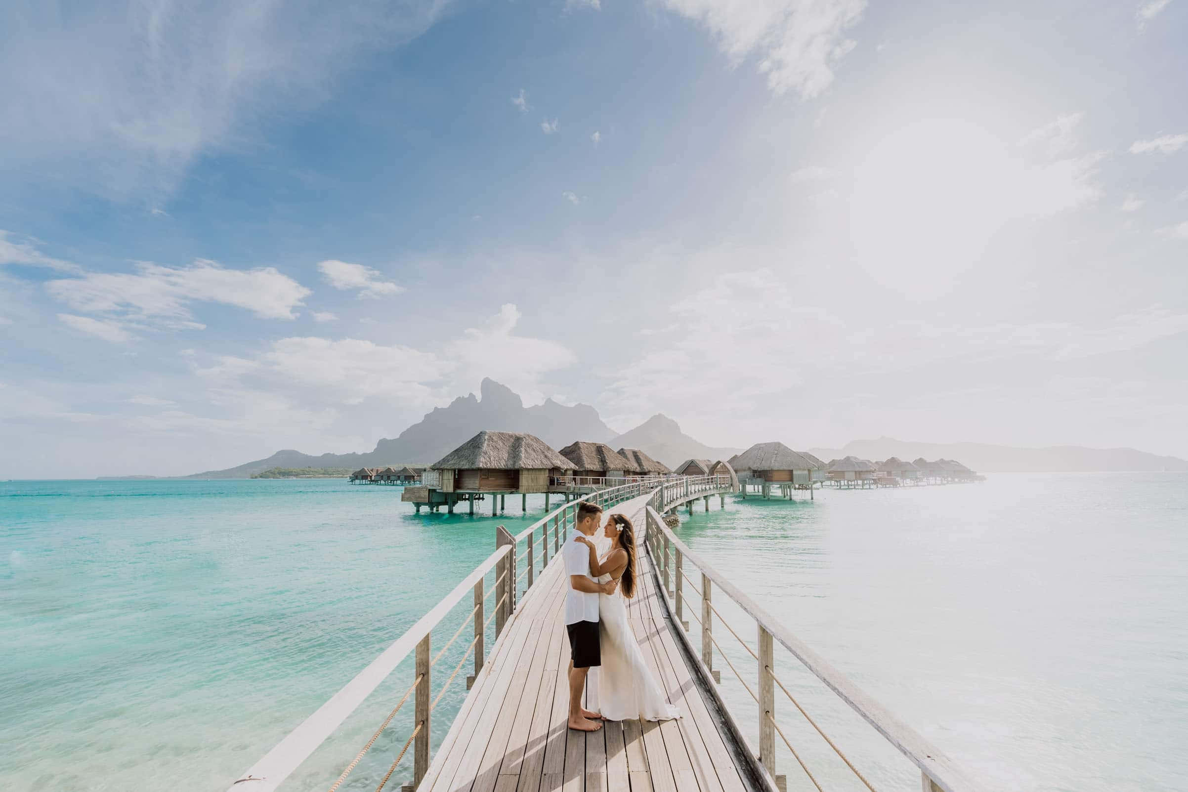 Bora Bora Beach, wooden overwater walkway, thatched-roof bungalows, Full HD Desktop Wallpaper