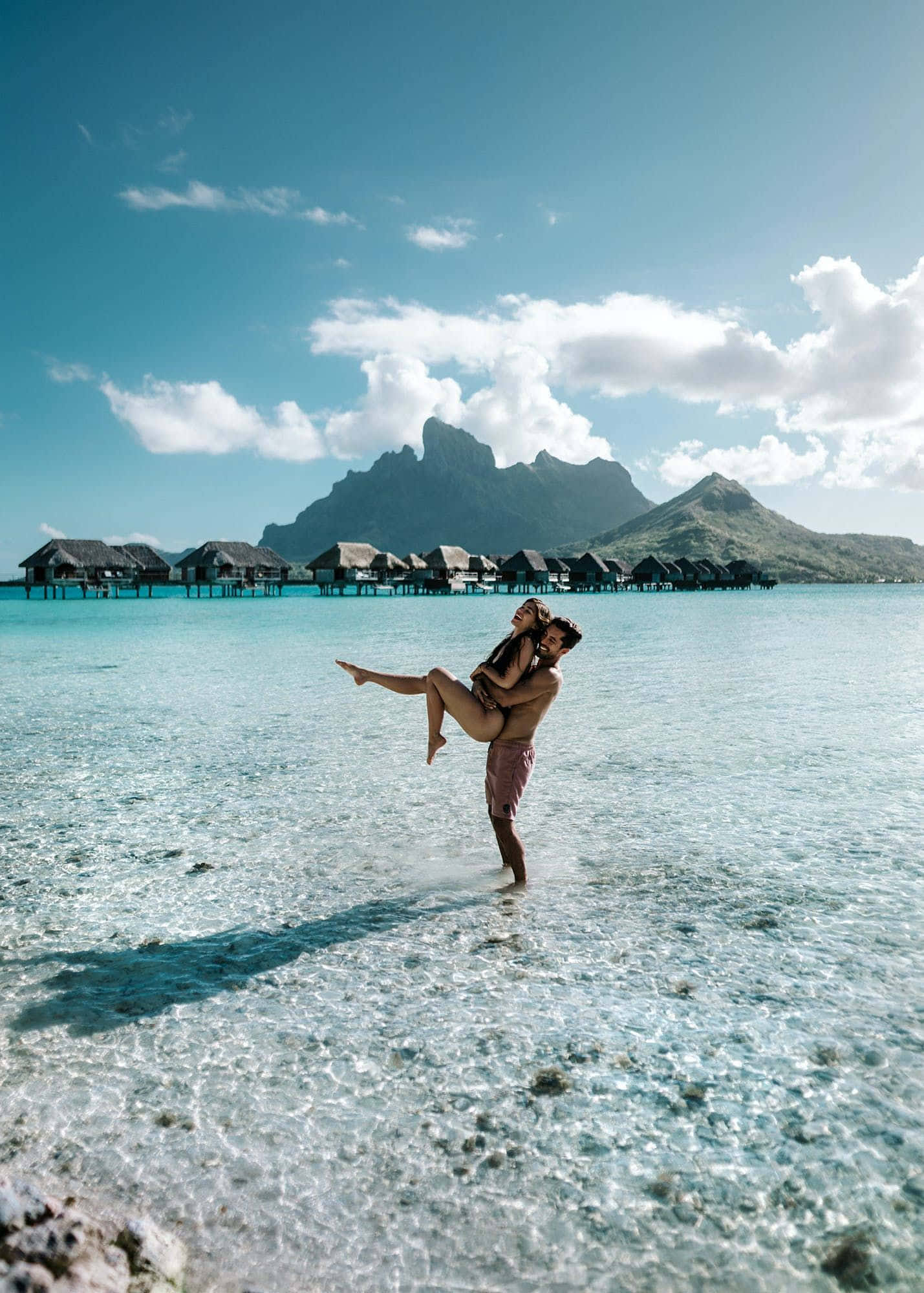 Bora Bora Beach, turquoise waters, overwater bungalows, Full HD Phone Wallpaper