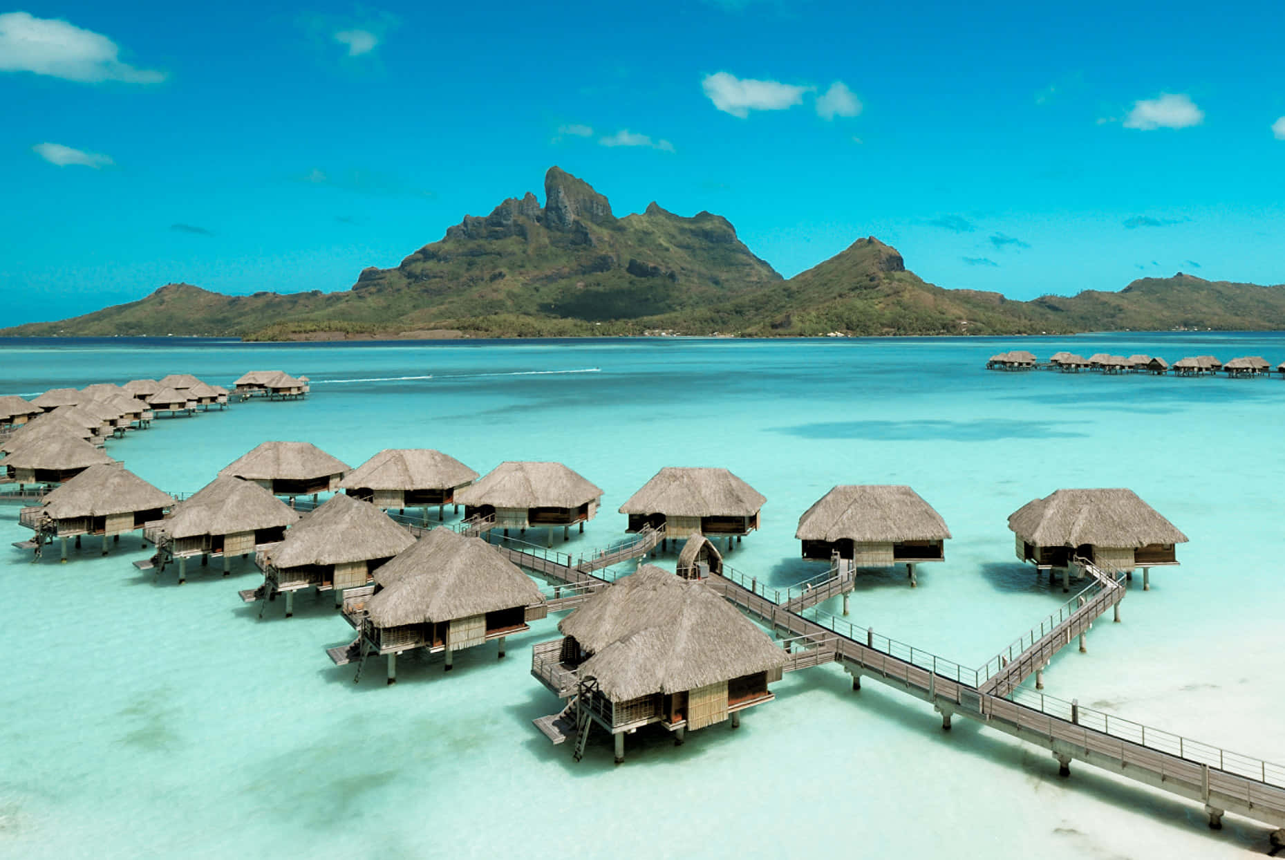 Bora Bora Beach, overwater bungalows, thatched roofs, HD Desktop Wallpaper