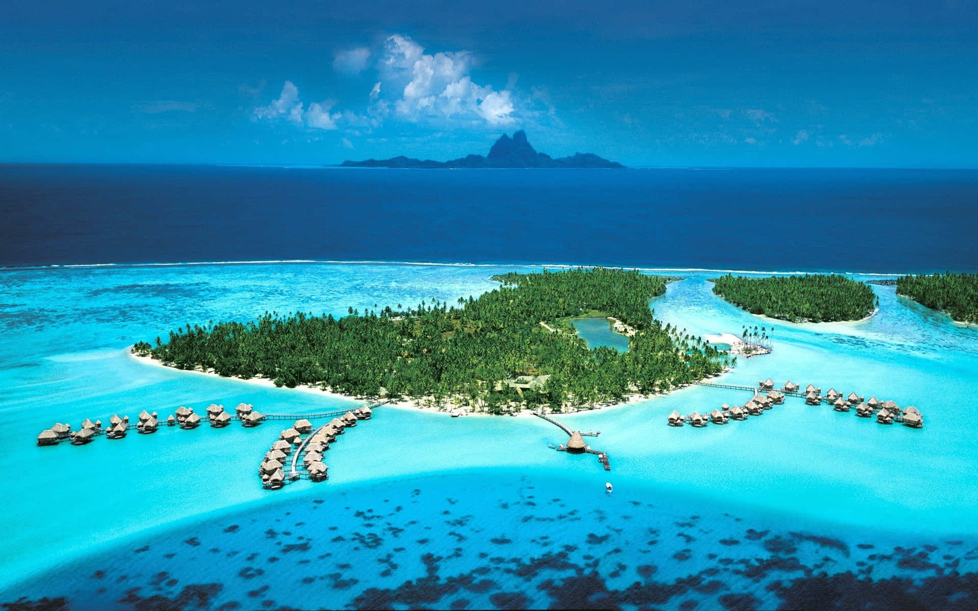 Bora Bora Beach, overwater bungalows, crystal clear turquoise waters, Full HD Desktop Wallpaper