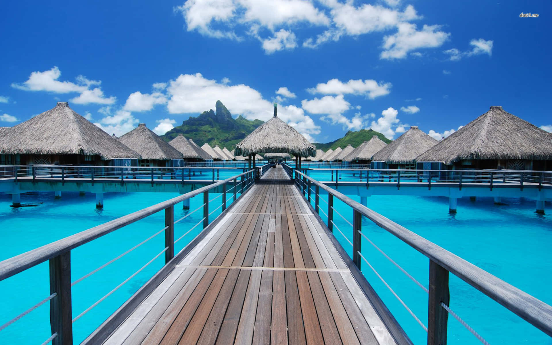 Bora Bora Beach, thatched-roof overwater bungalows, vibrant turquoise lagoon, Full HD Desktop Wallpaper