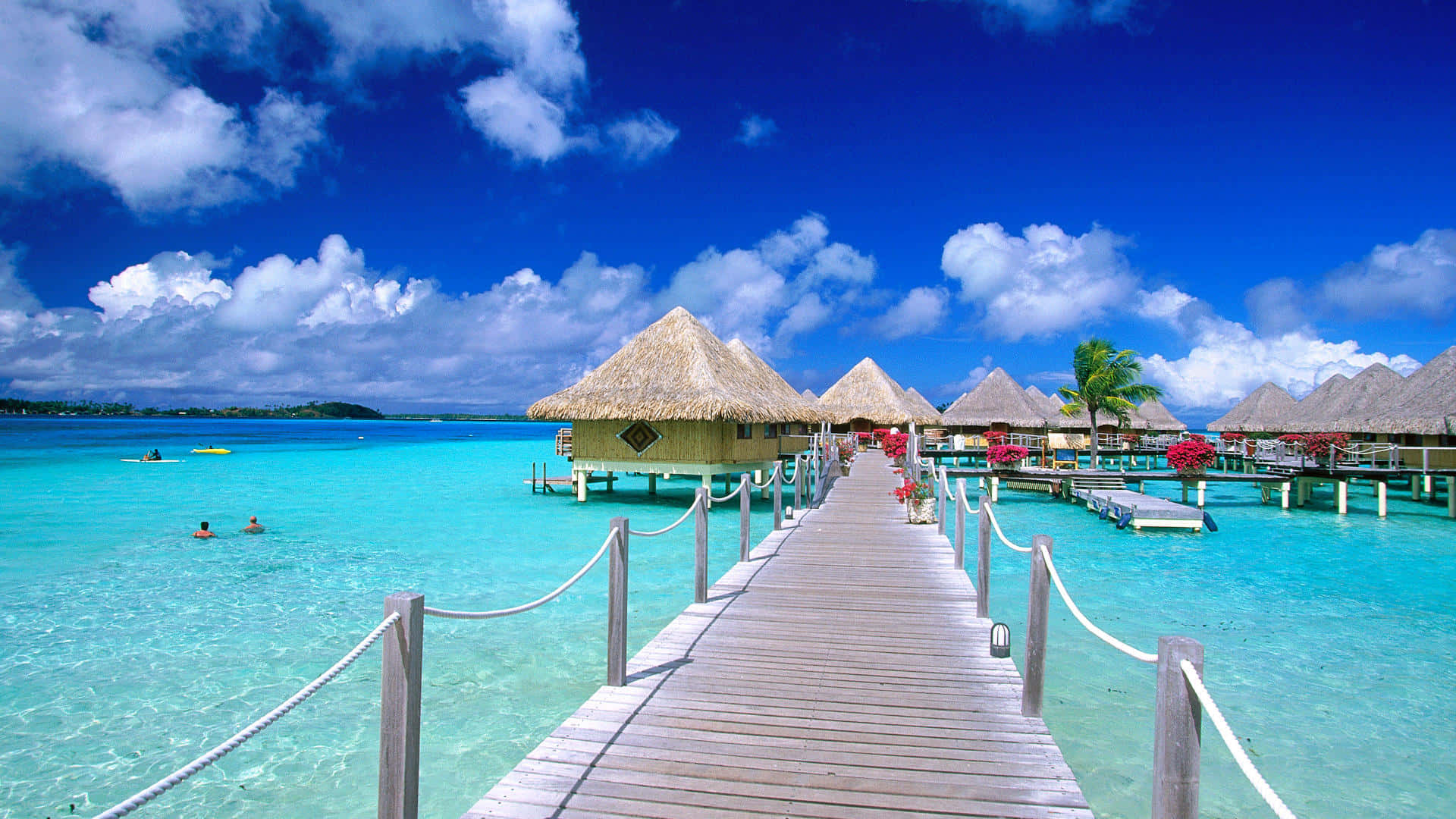 Bora Bora Beach, overwater bungalows, thatched roofs, Full HD Desktop Wallpaper