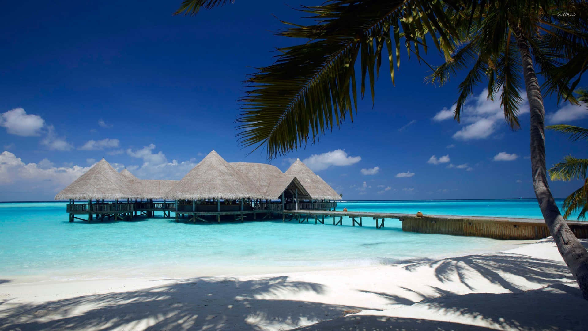 Bora Bora beach, overwater bungalows, thatched roofs, Full HD Desktop Wallpaper