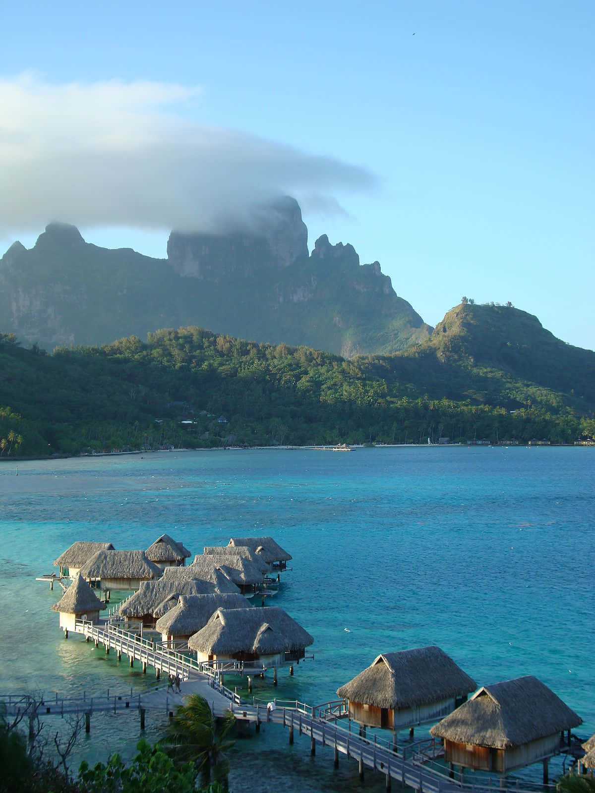 Bora Bora Beach, overwater bungalows, thatched roofs, HD Phone Wallpaper