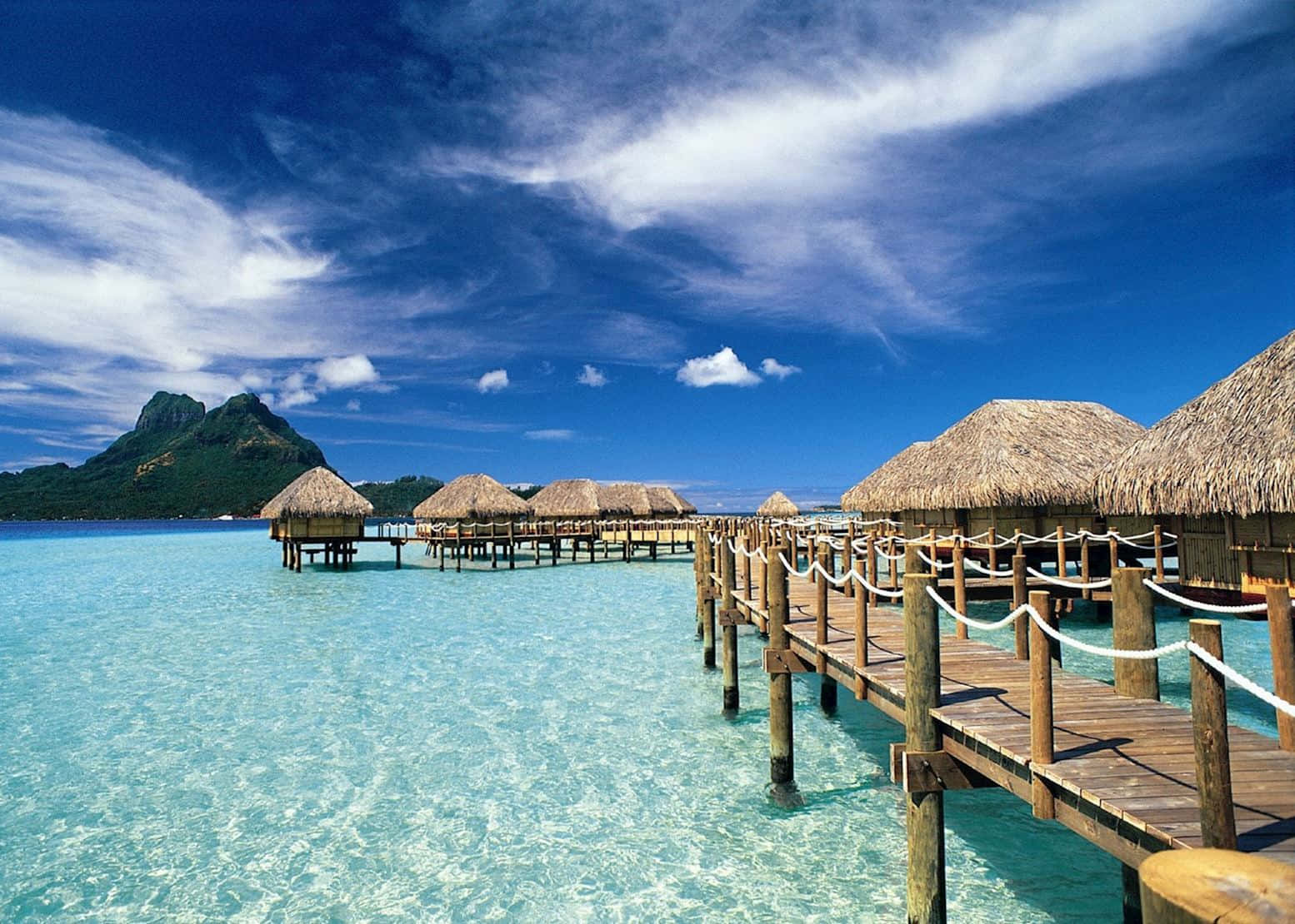 Bora Bora Beach, wooden pier, overwater bungalows, HD Desktop Wallpaper