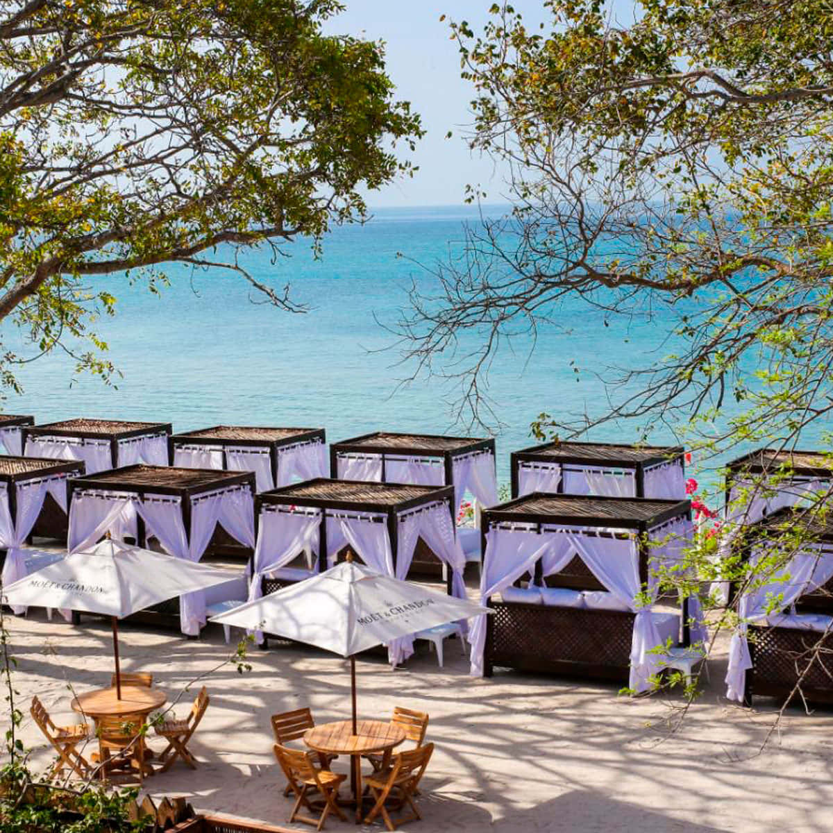 Bora Bora Beach, white drapes, wooden tables, SD Desktop Wallpaper