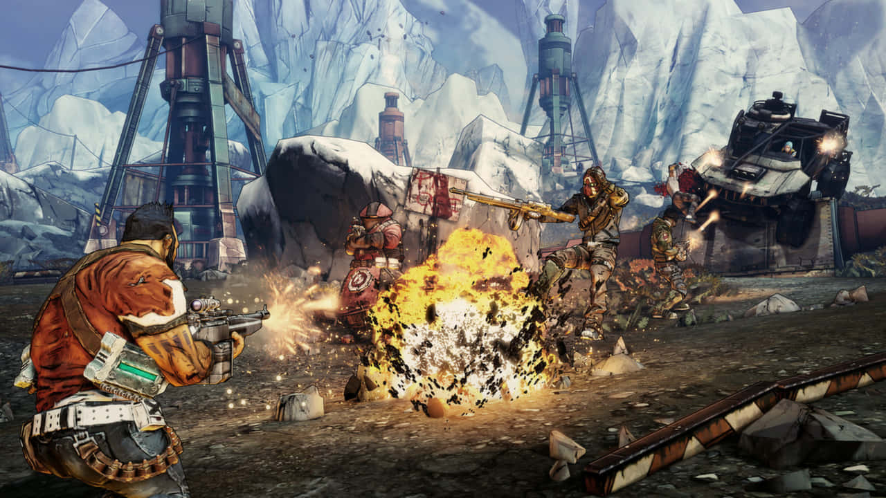 Borderlands 2, explosive combat scene, snowy industrial wasteland, HD Desktop Wallpaper