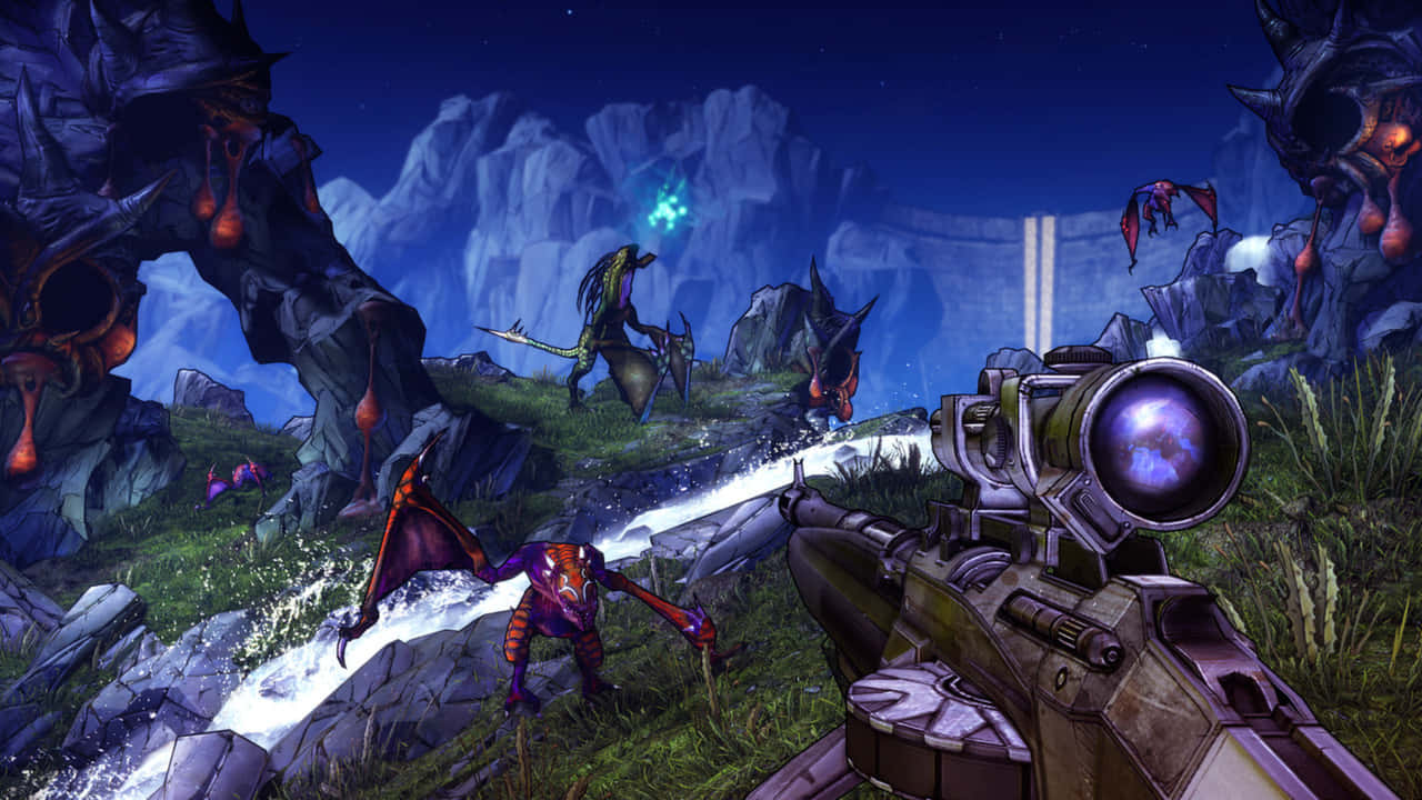 Borderlands 2, glowing purple creatures, dark rocky canyon, HD Desktop Wallpaper