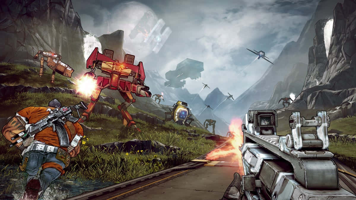 Borderlands 2, first person shooter, red mechanized enemy, SD Desktop Wallpaper