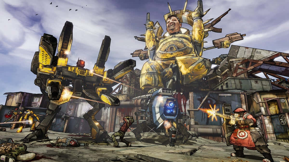 Borderlands 2, battle scene, colossal golden armored figure, SD Desktop Wallpaper
