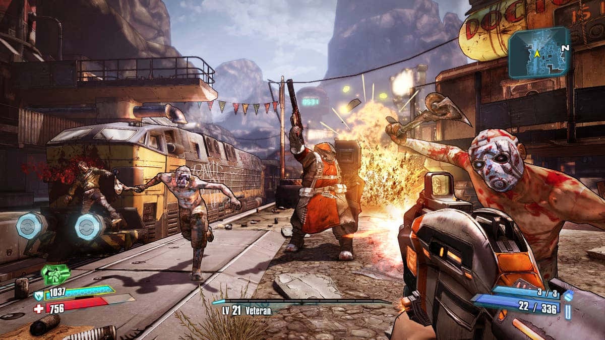 Borderlands 2, battle scene, post-apocalyptic train yard, SD Desktop Wallpaper