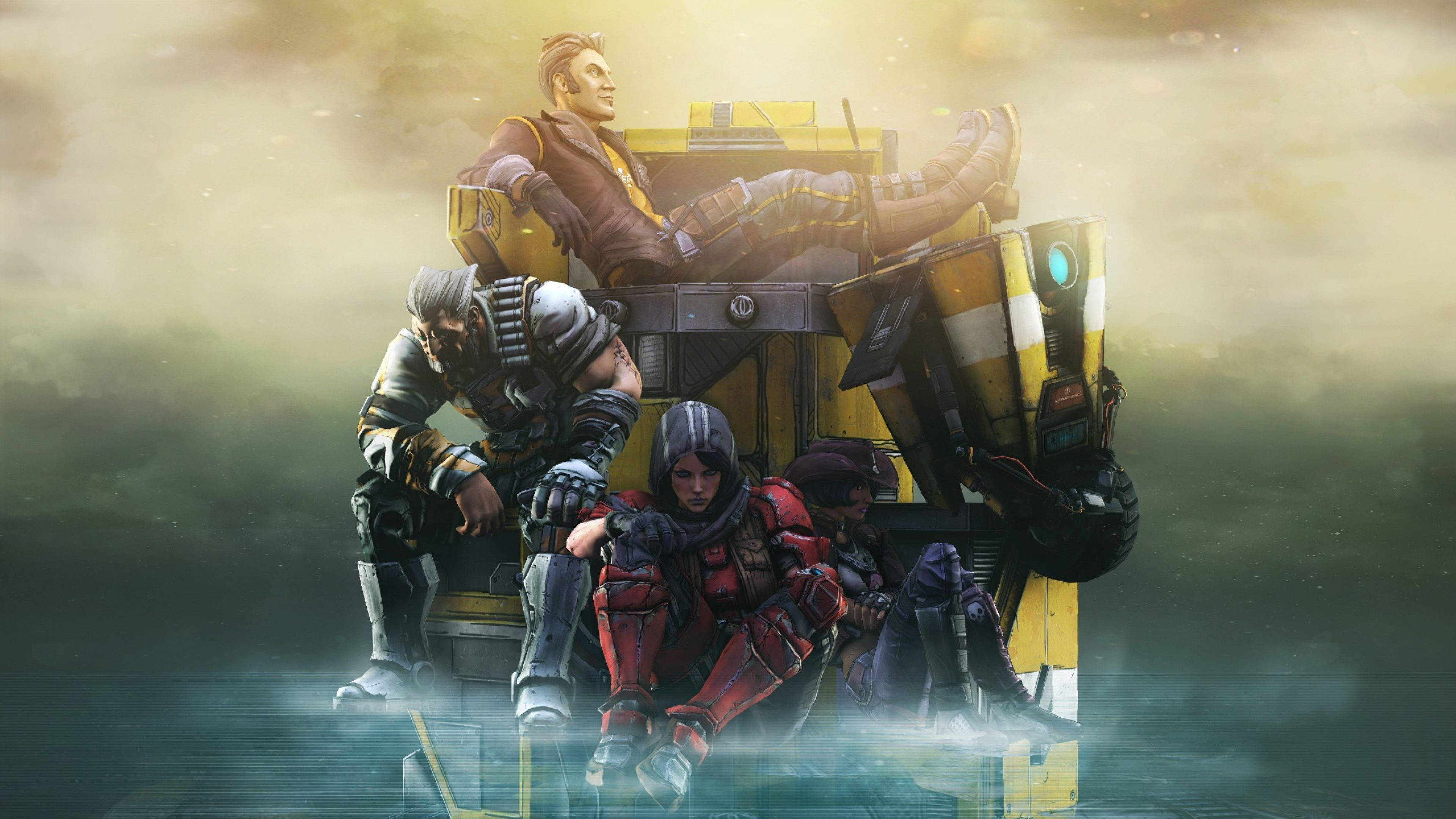 Borderlands, four armored figures, yellow mechanical platform, 4K Desktop Wallpaper