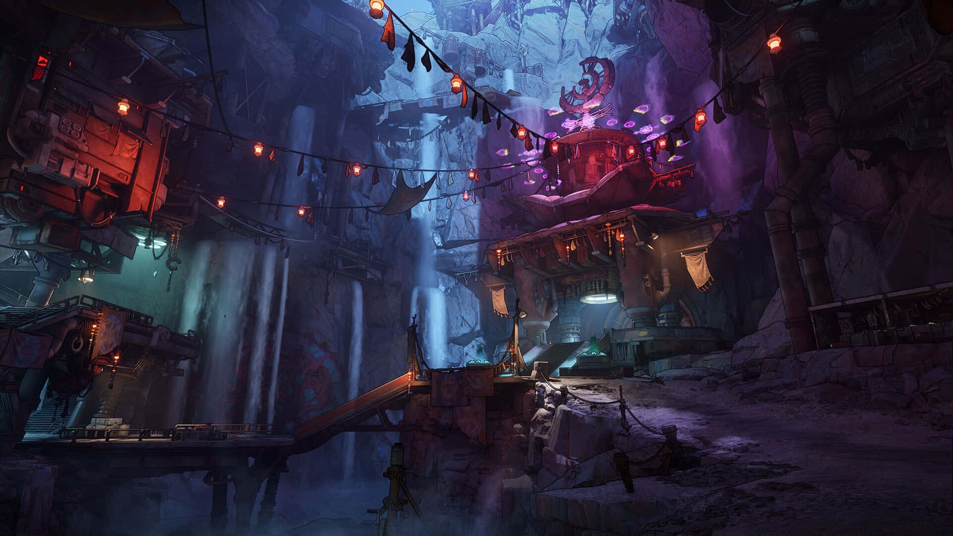Borderlands 4, neon-lit cave settlement, hanging lanterns, Full HD Desktop Wallpaper