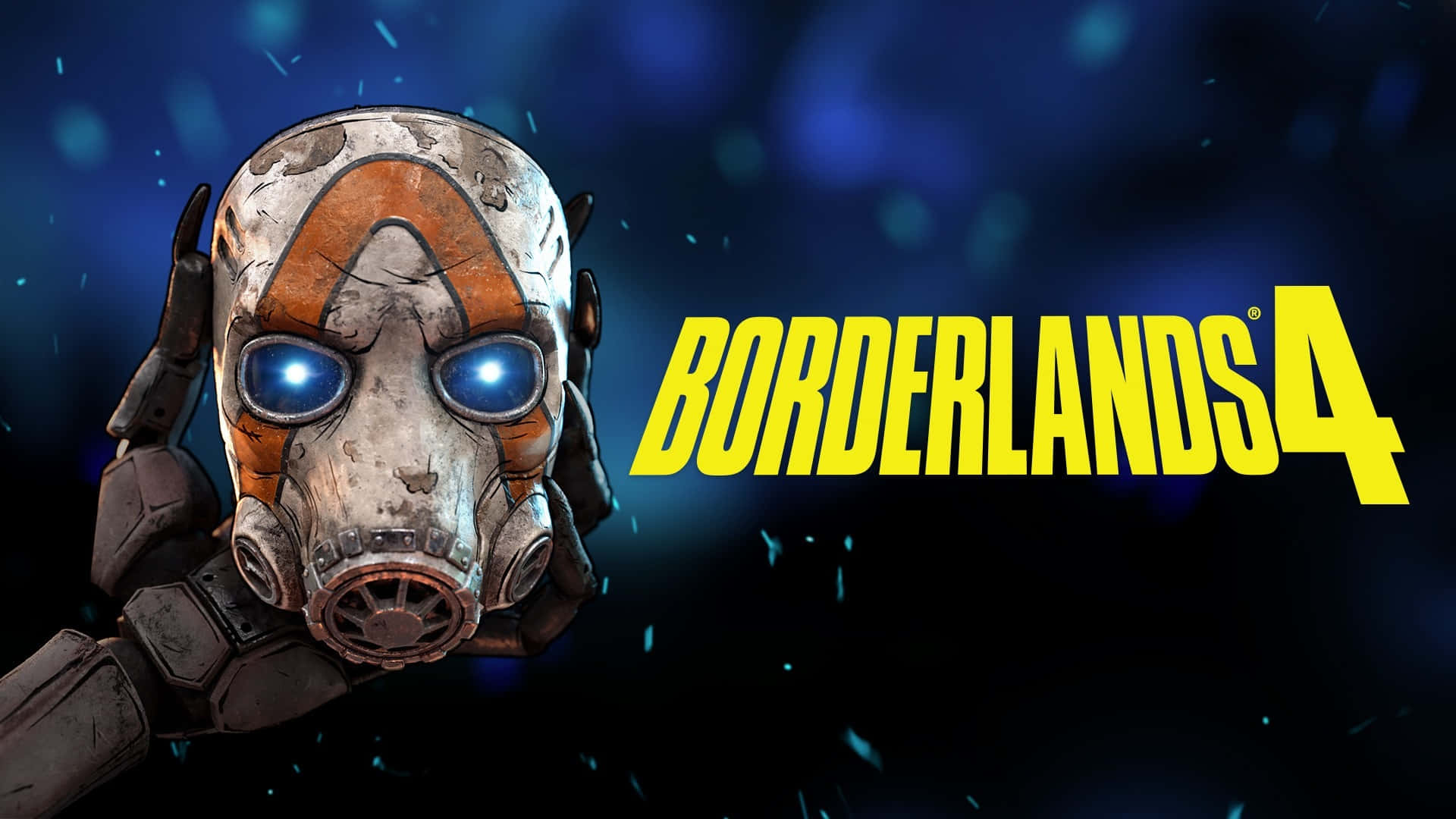 Borderlands 4, glowing blue-eyed gas mask, dark blue bokeh background, Full HD Desktop Wallpaper