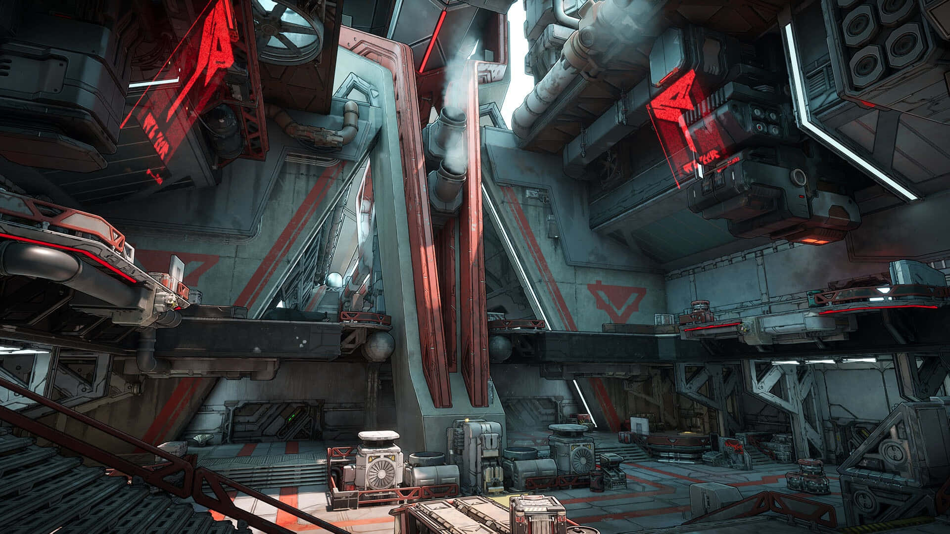 Borderlands 4, futuristic combat arena, cyberpunk industrial interior, Full HD Desktop Wallpaper