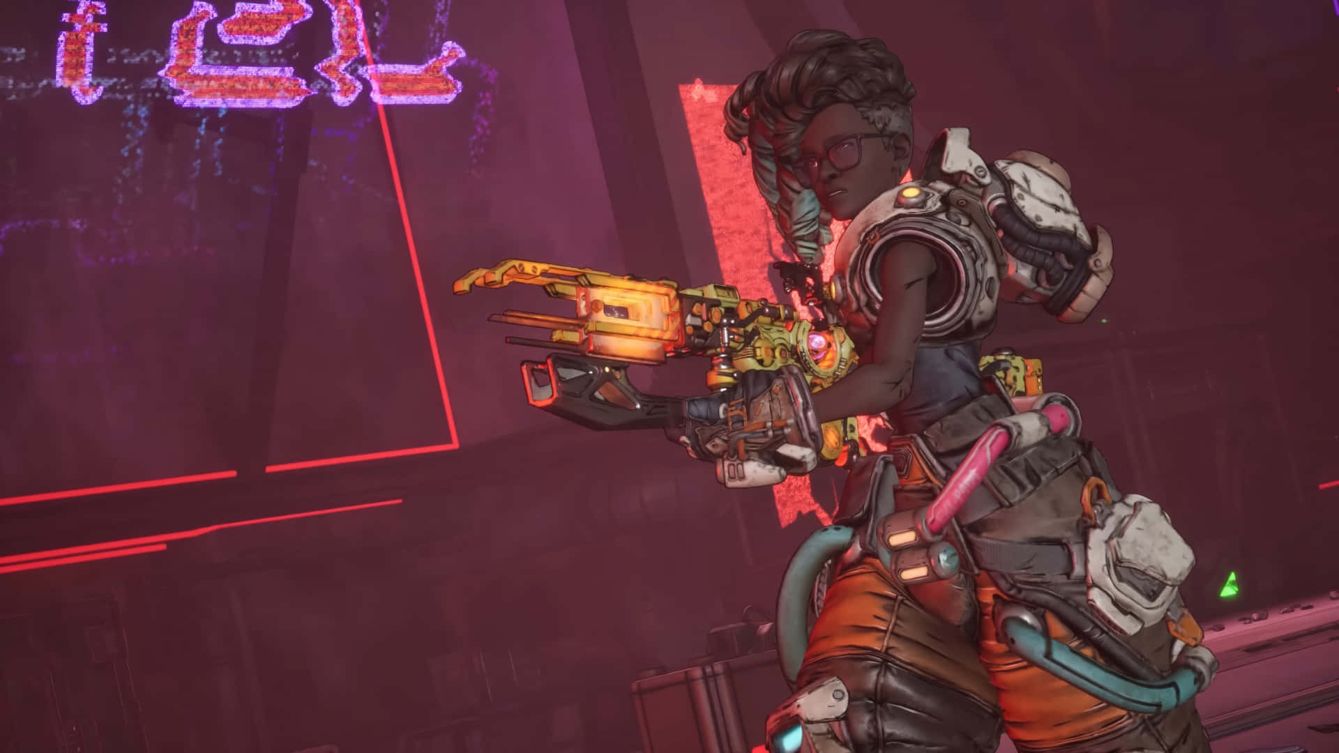 Borderlands 4, cyberpunk alley, glowing orange weapon, Full HD Desktop Wallpaper