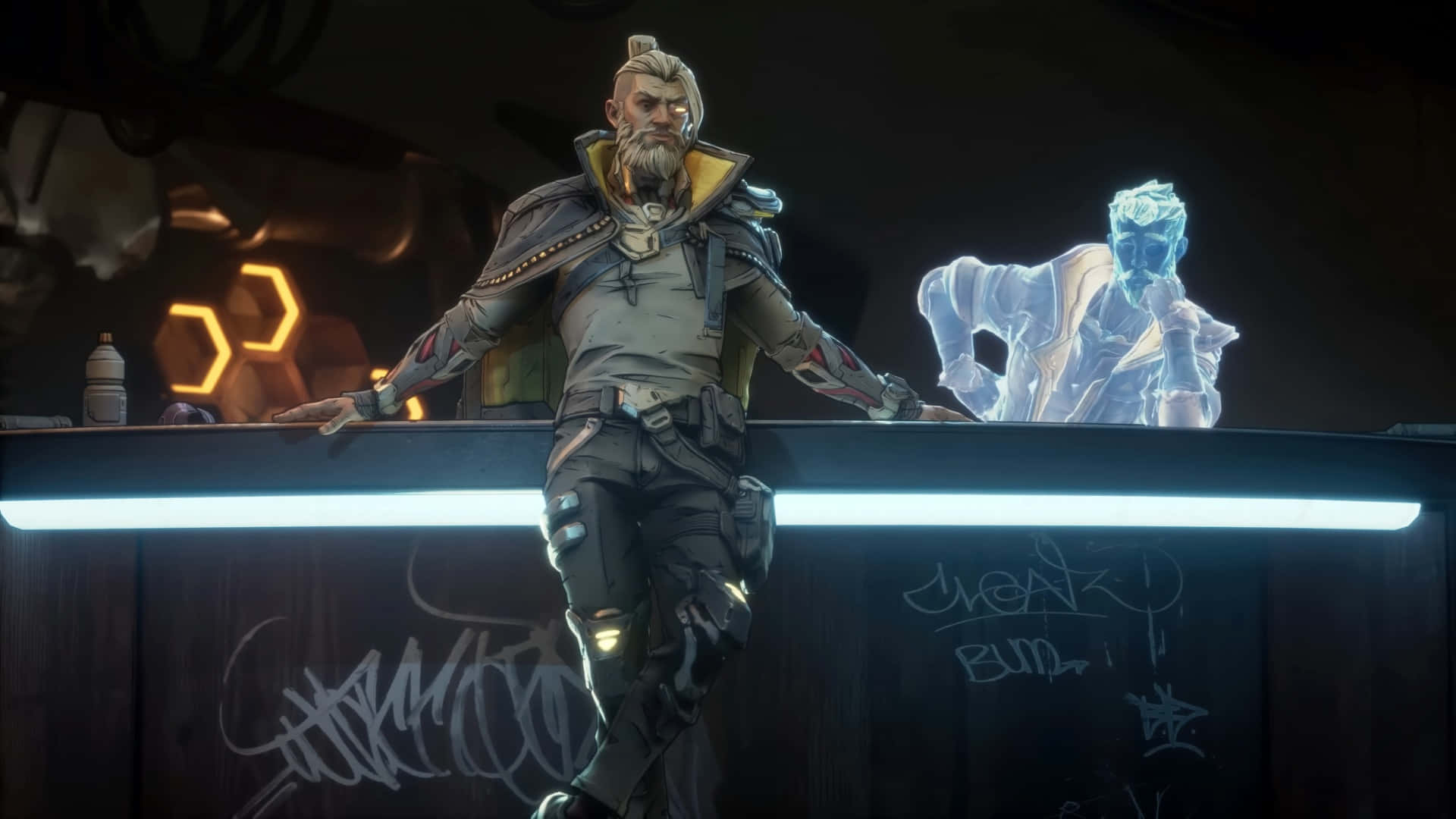 Borderlands 4, neon-lit bar, glowing blue hologram, Full HD Desktop Wallpaper