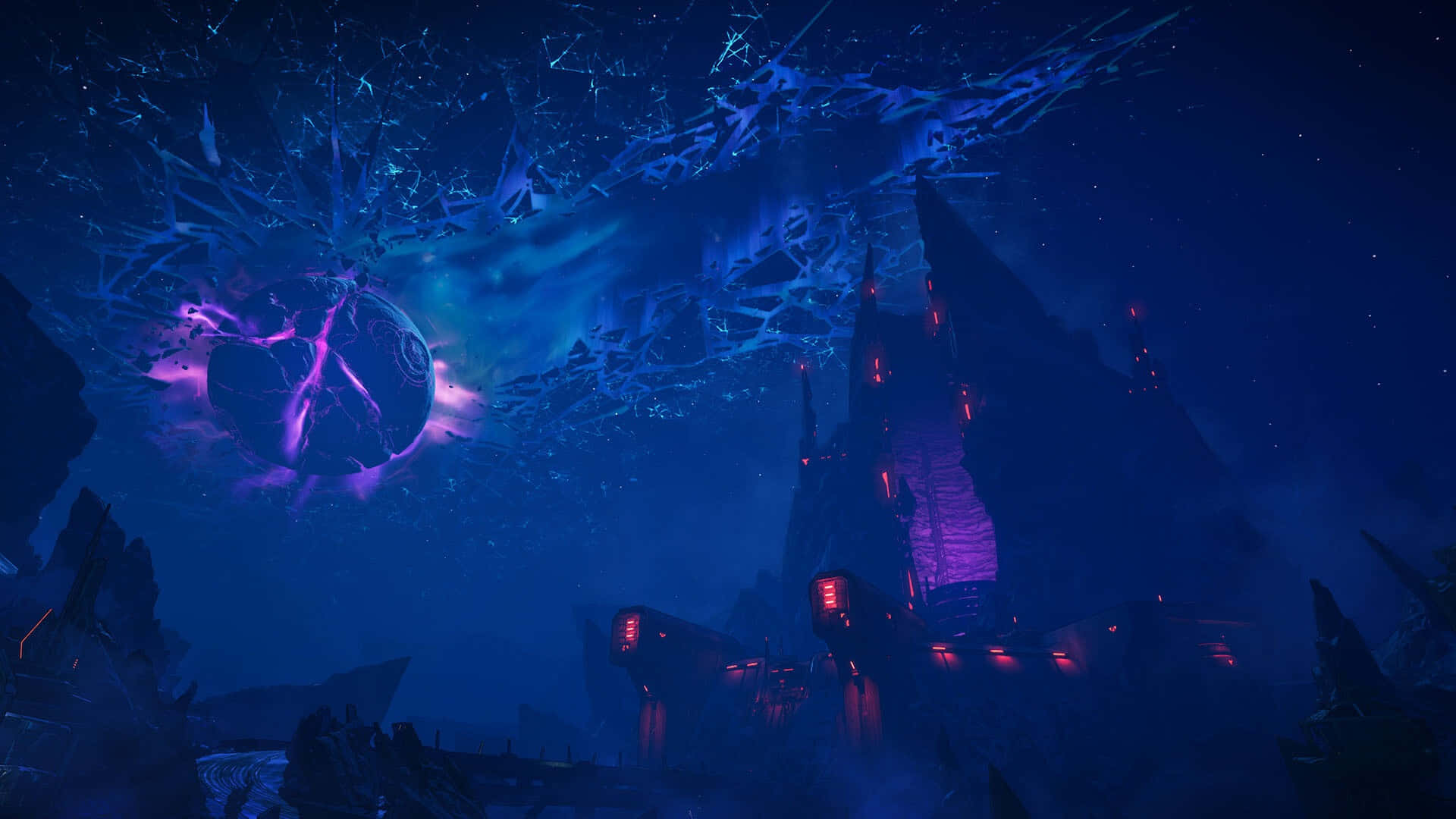 Borderlands 4, dark castle scene, glowing purple planet, Full HD Desktop Wallpaper