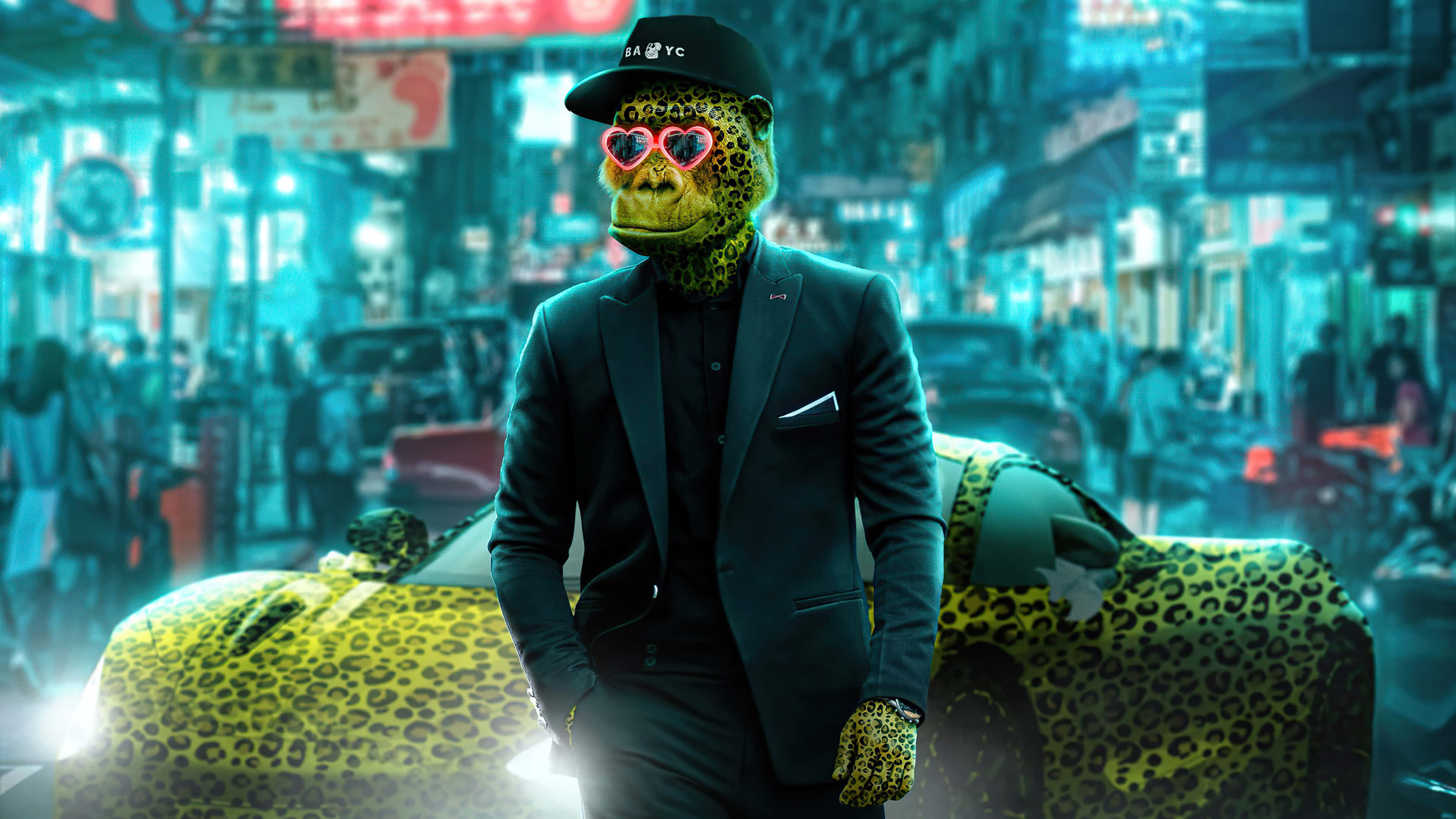Bored Funky Monkey, anthropomorphic leopard, suit, 4K Desktop Wallpaper