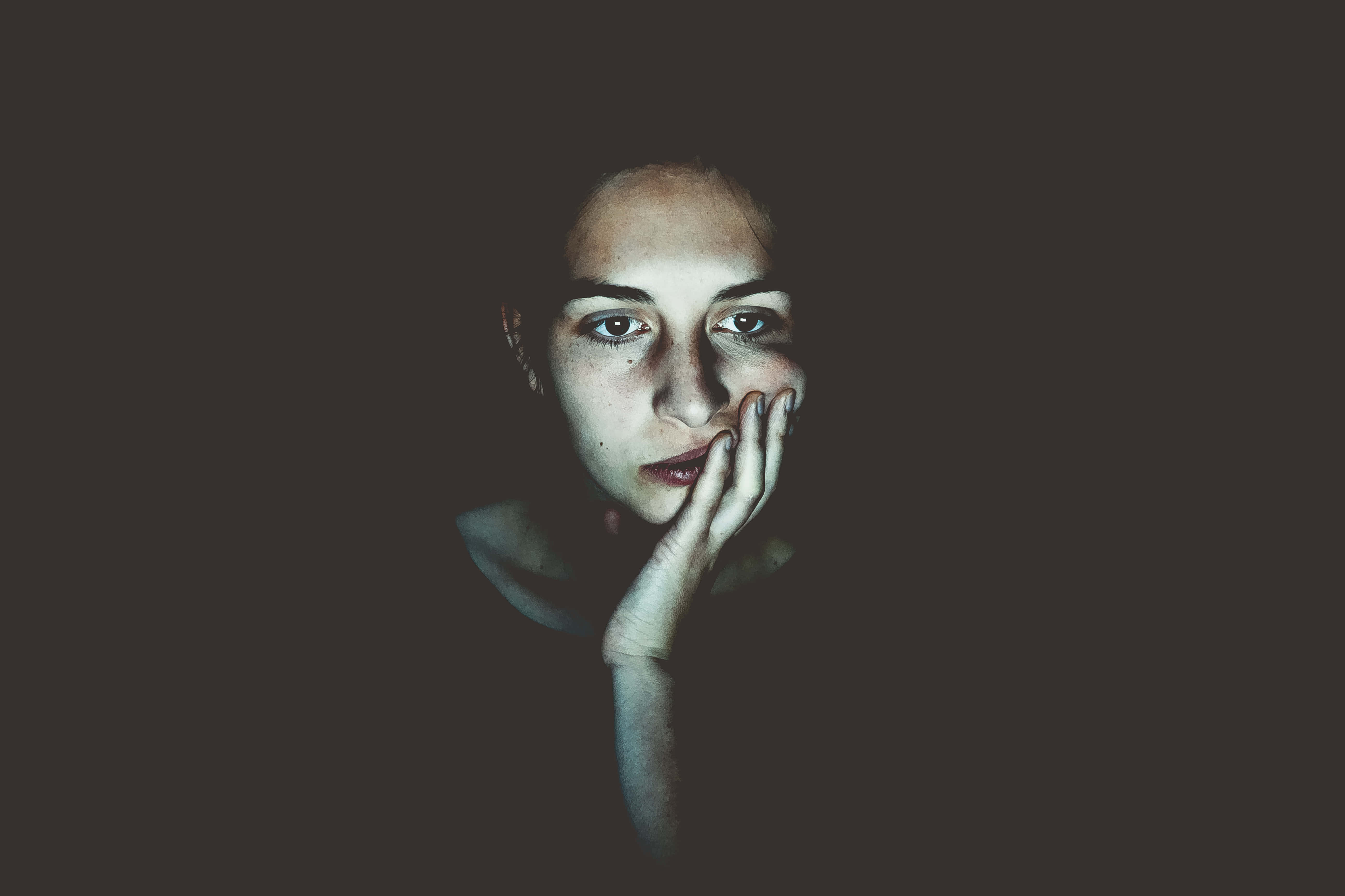 bored girl, woman's face, darkness, 5K Desktop Wallpaper