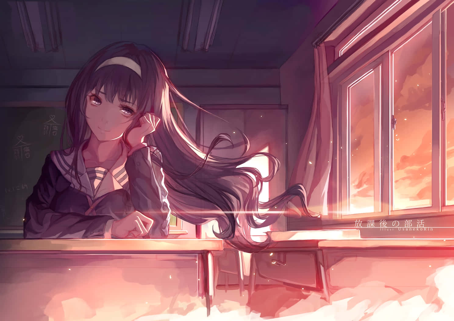 anime girl, school uniform, desk, HD Desktop Wallpaper