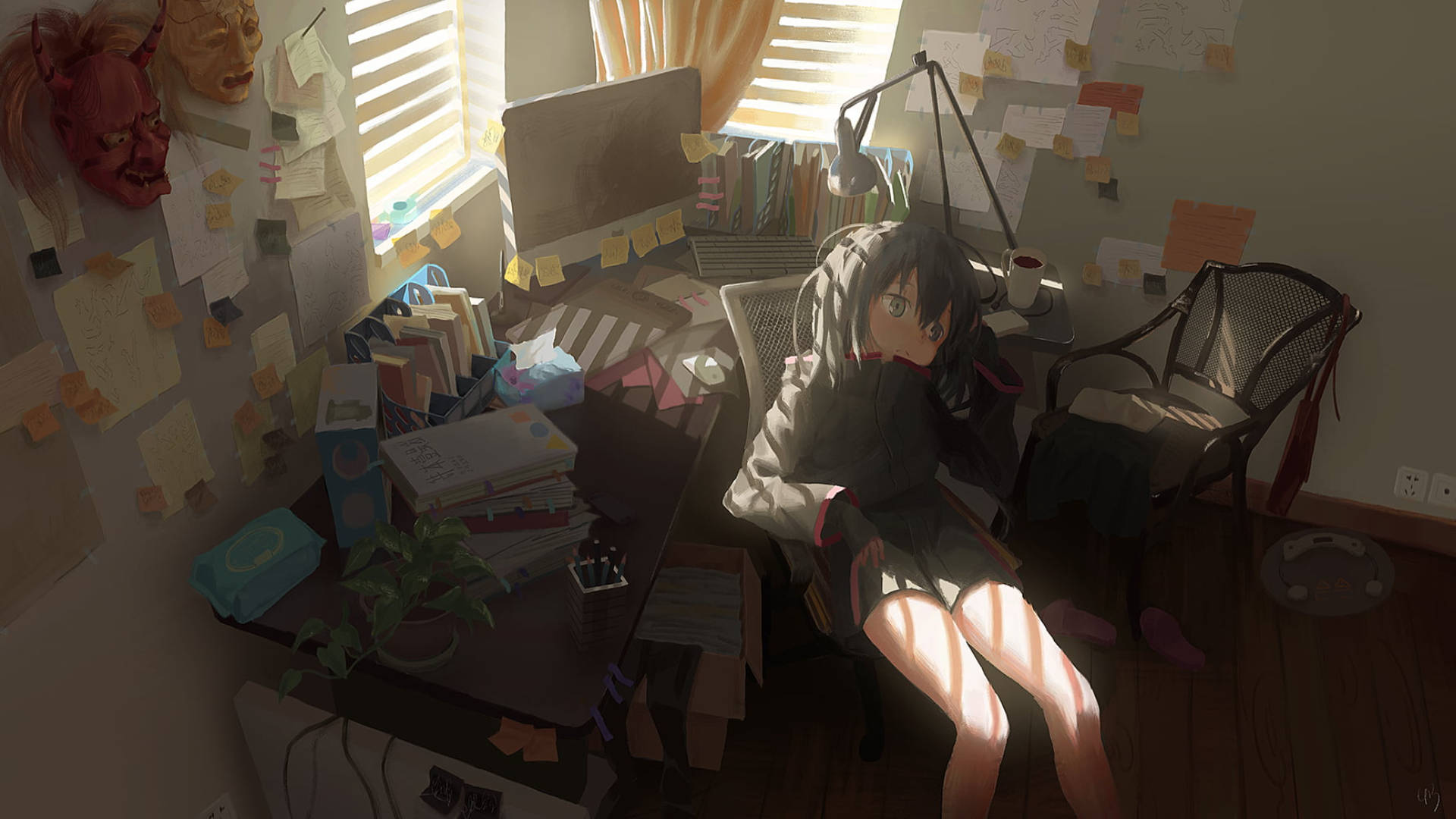 burnt out girl desk, anime girl, cluttered sunlit room, Full HD Desktop Wallpaper